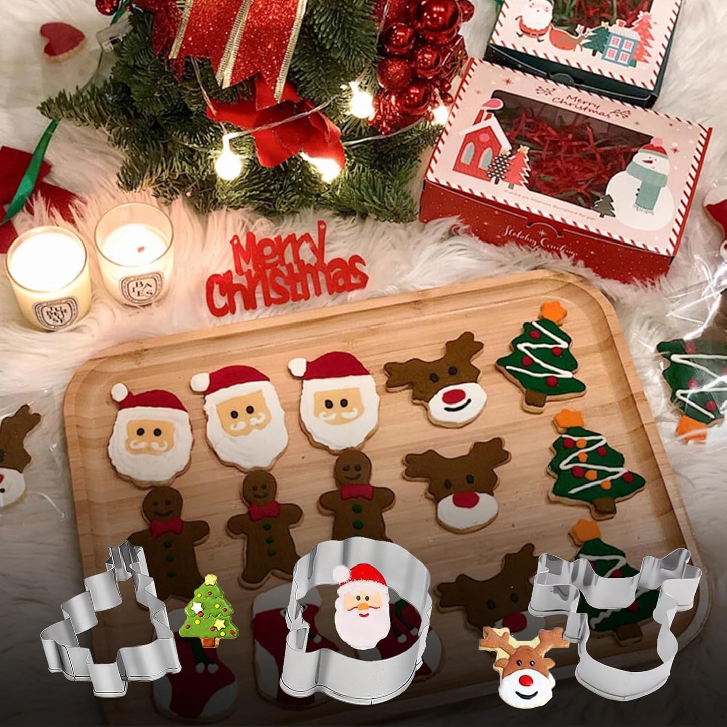 9PCS Cookie Cutters, Stainless Steel Biscuit Cutter, Snowman, Snowflake, Santa Claus,Gingerbread Man, Christmas Tree, Elk, Stockings Cookie Cutters for Biscuit, Fondant (Style 2)