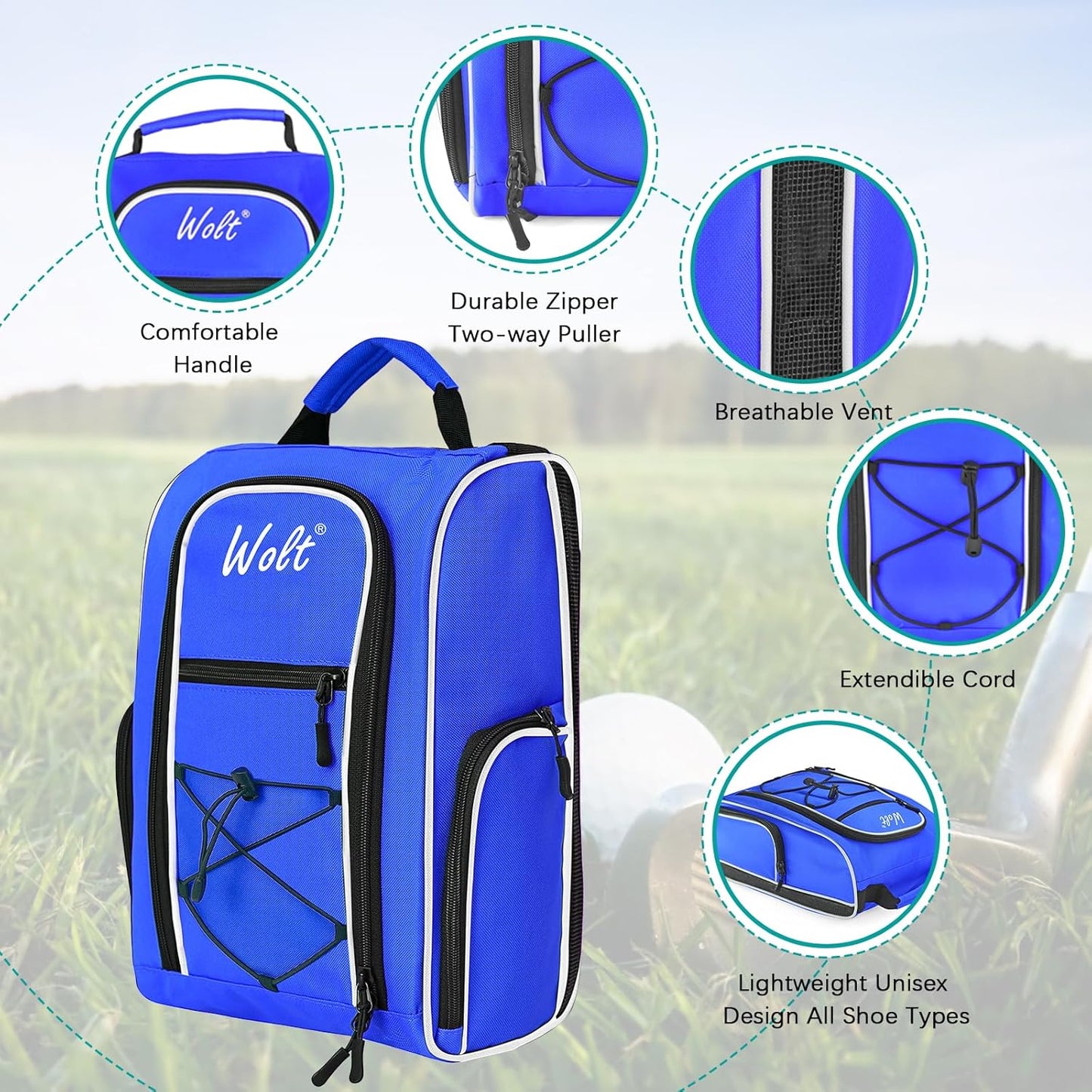 Wolt | Golf Shoe Bag for Travel- Zippered Shoes Carrier Bags with Ventilation & Double Outside Accessory Pocket for Socks, Tees, Golf Balls, etc. for women and men (Blue)