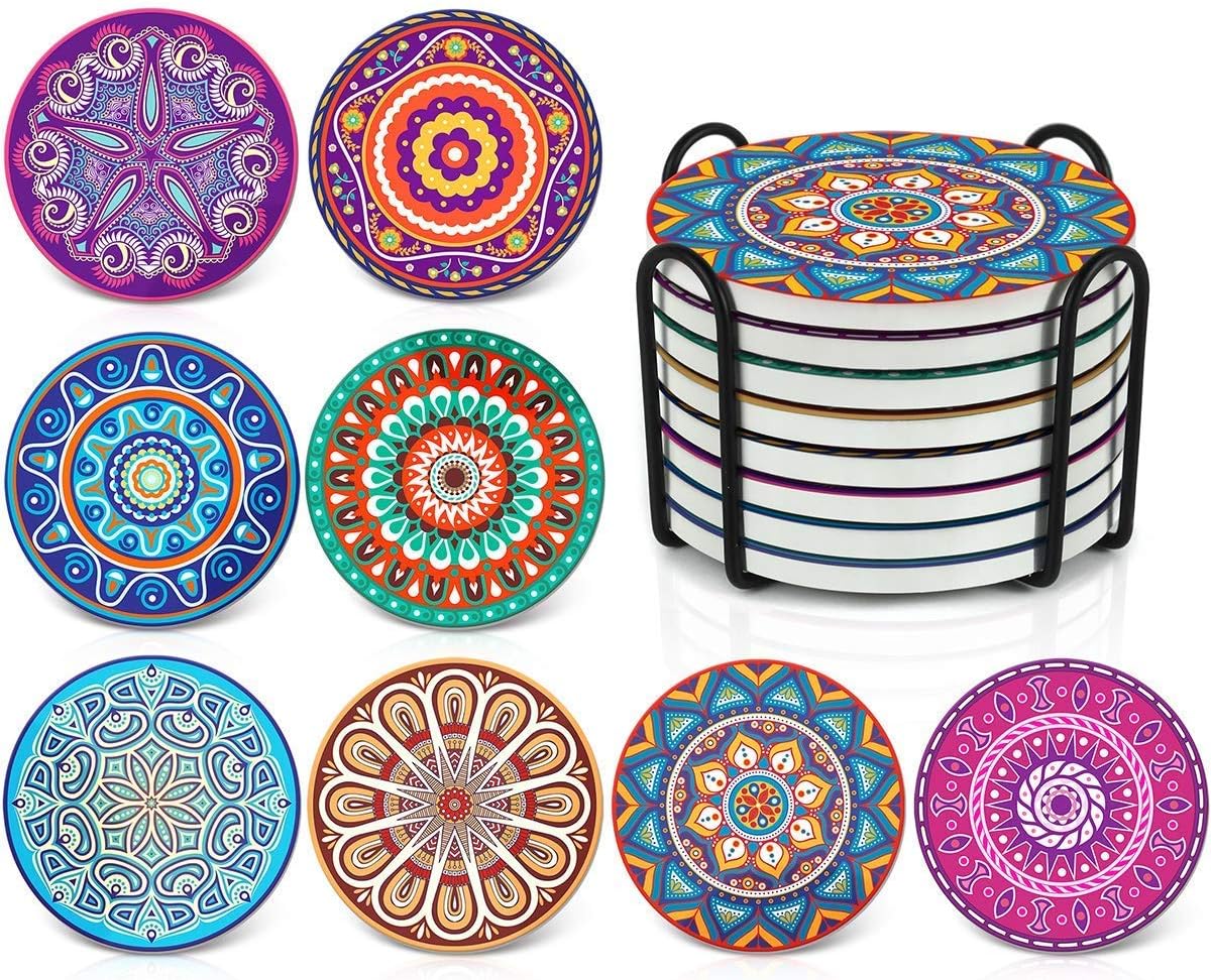 Darate Absorbent Coasters with Holder Set of 8, Coasters for Drinks, Unique Housewarming Gift, 4 Inch Round Coaster for Bedroom, Home, Office, Bar, Dining Room, Living Room, Kitchen (Mandala)