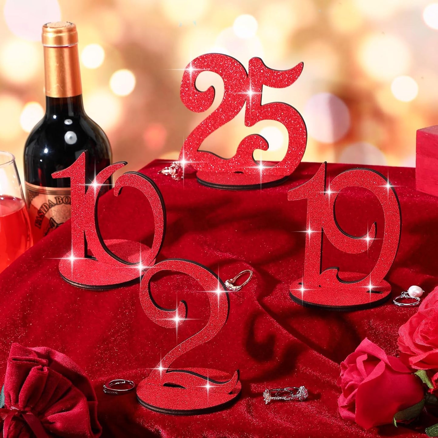 Glitter Table Numbers 1-25 Wooden Table Numbers for Wedding Reception Standing Seat Place Cards with Holder Base for Wedding Party Event Catering Receptions Banquets(Red)