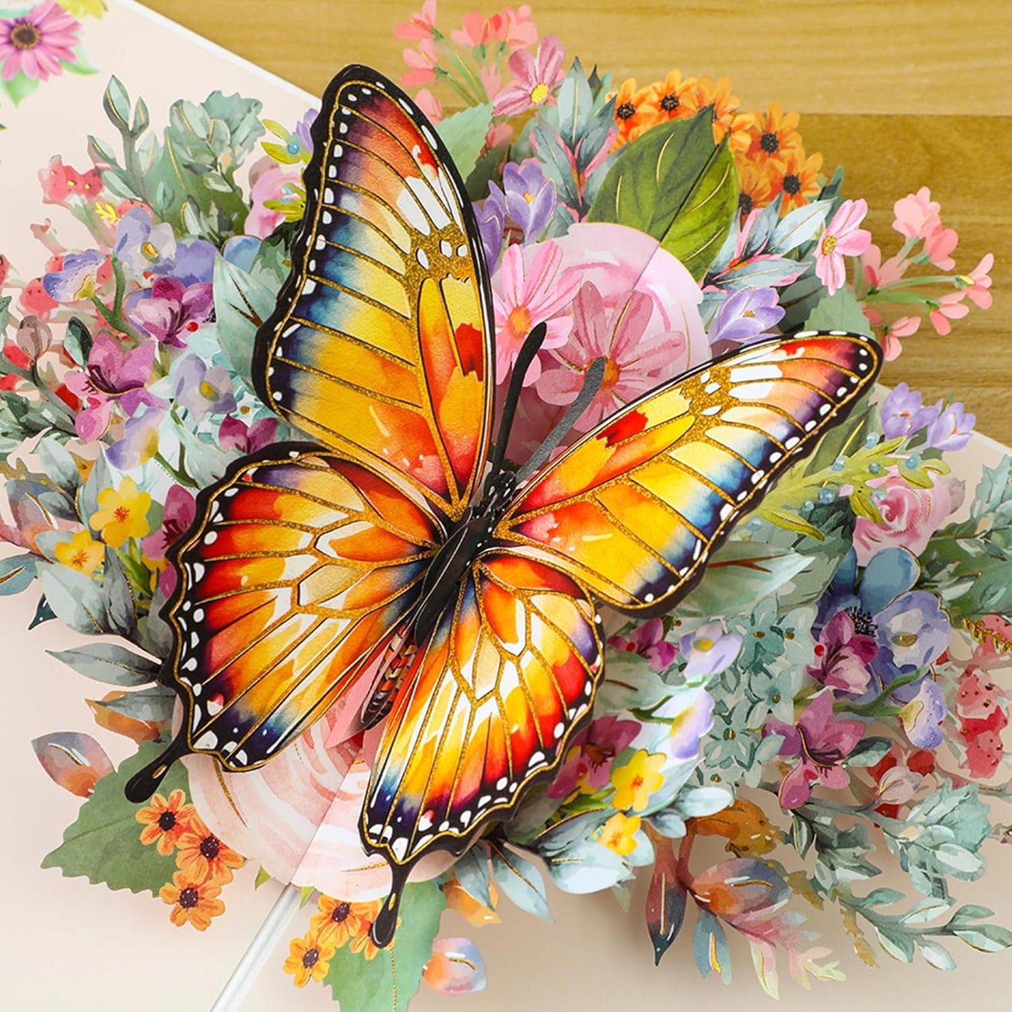 Beautiful Butterfly resting on pink roses pop up birthday card. A beautiful gift for women who love butterflies and roses for Mother's Day, Thanksgiving, Women's Day, Wedding Anniversary,with envelope.