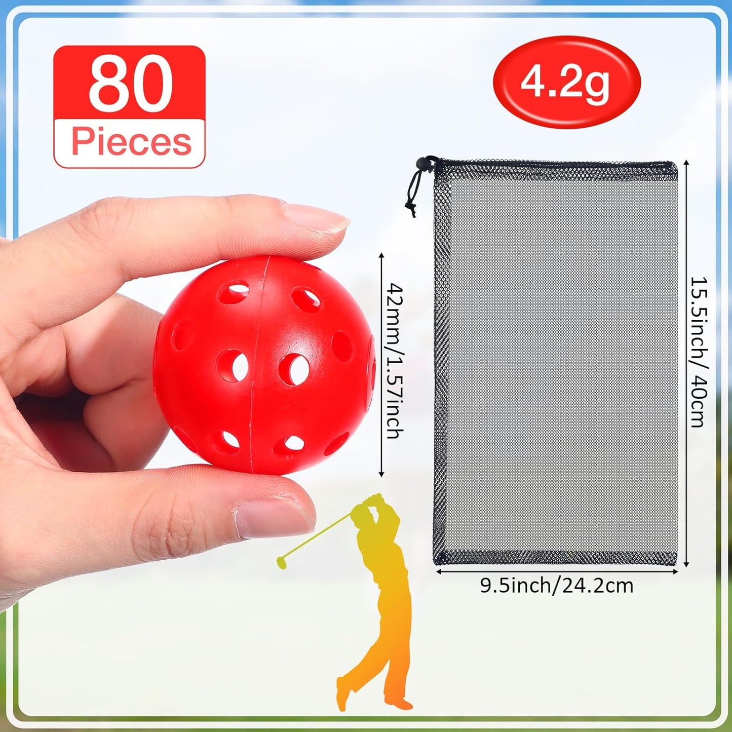 80 Pack Practice Golf Balls Limited Flight 42 mm Golf Training Airflow Hollow Plastic Ball for Women Men Indoor Outdoor Driving Range Swing Practice Home