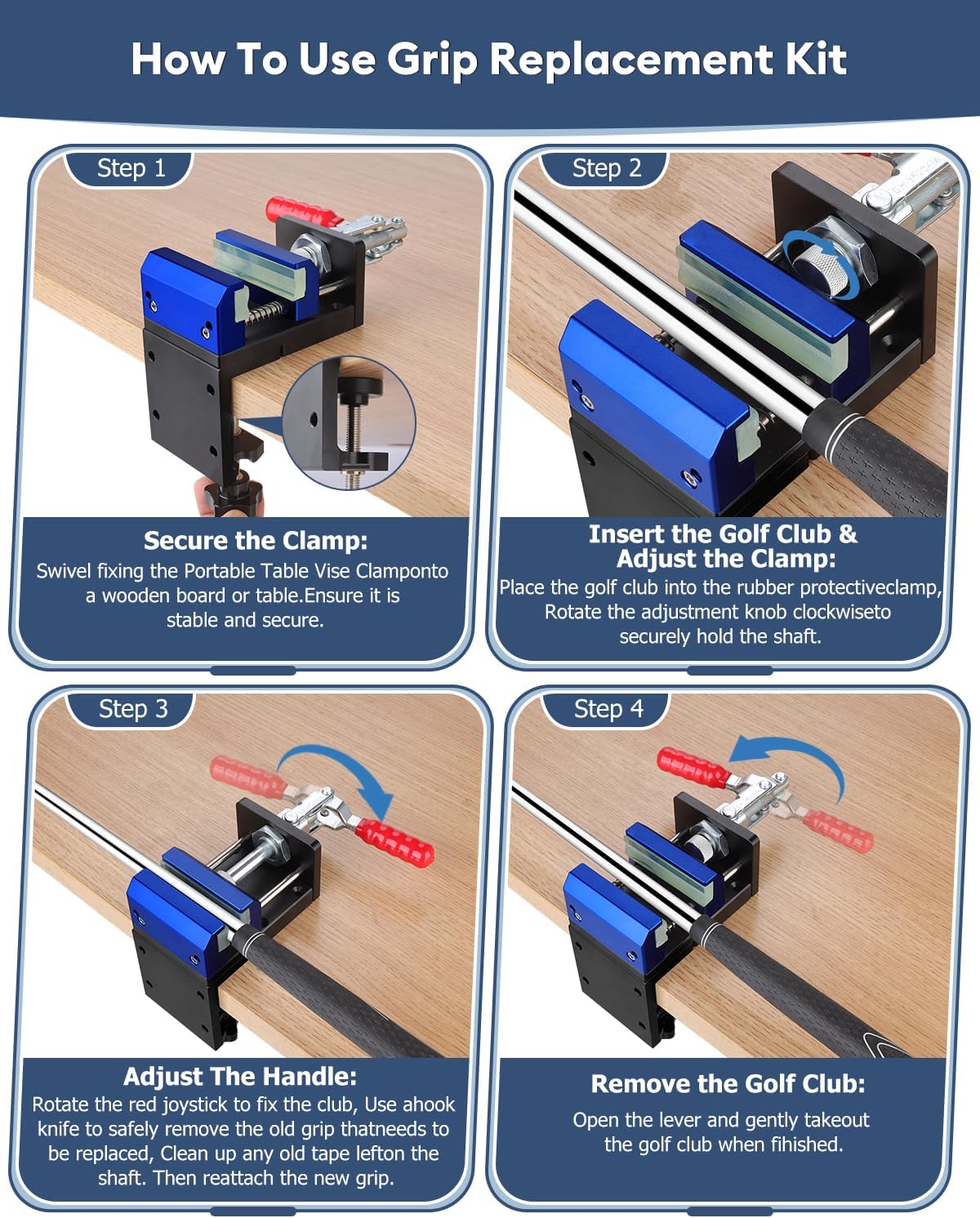 3-in-1 Golf Shaft Clamp,Aluminum Golf Club Regripping Kit,360° Swivel Portable Table Vise with Anti-Slip Design & Shaft Protection for Grip Replacement
