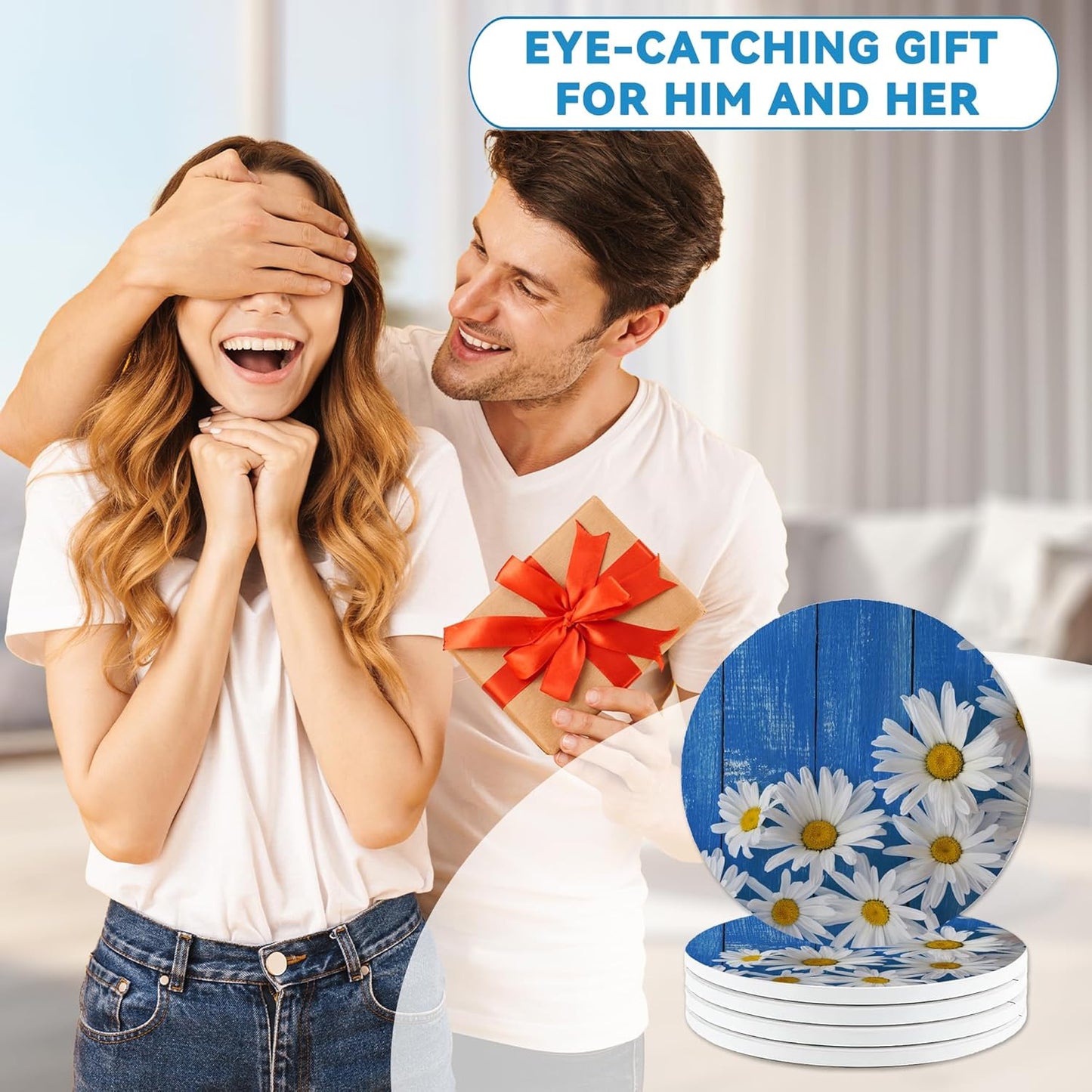 Blue Daisy Wood Round 4" Cup Coasters Set of 4, Absorbent Ceramic Stone Coasters with Cork Base, Ideal Home Decor Gifts for Women Men