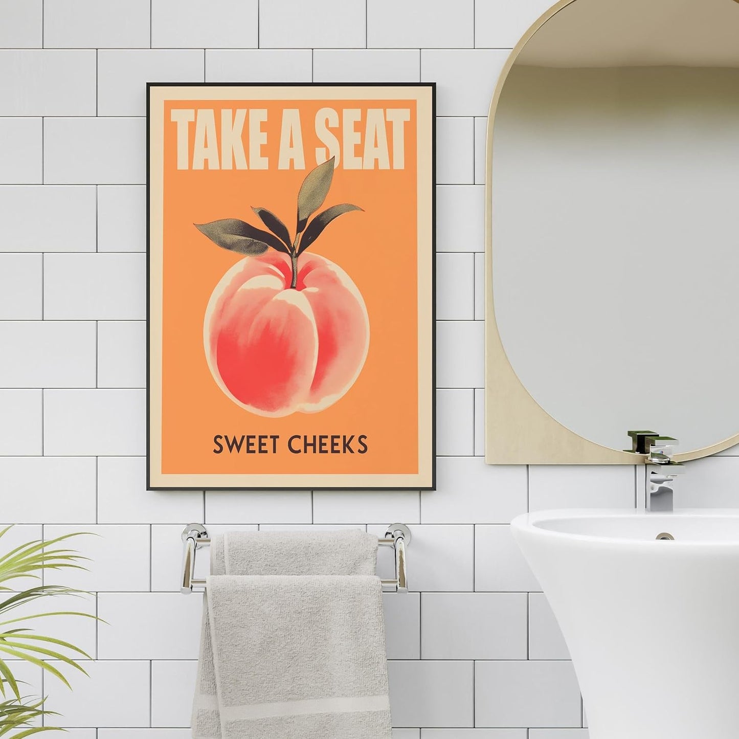 Take a Seat Sweet Cheeks Poster, Funny Bathroom Wall Art Peach Bum Art Canvas Print, Minimalist Preppy Orange Pink Wall Decor for Dorm Toilet 16x24in Framed