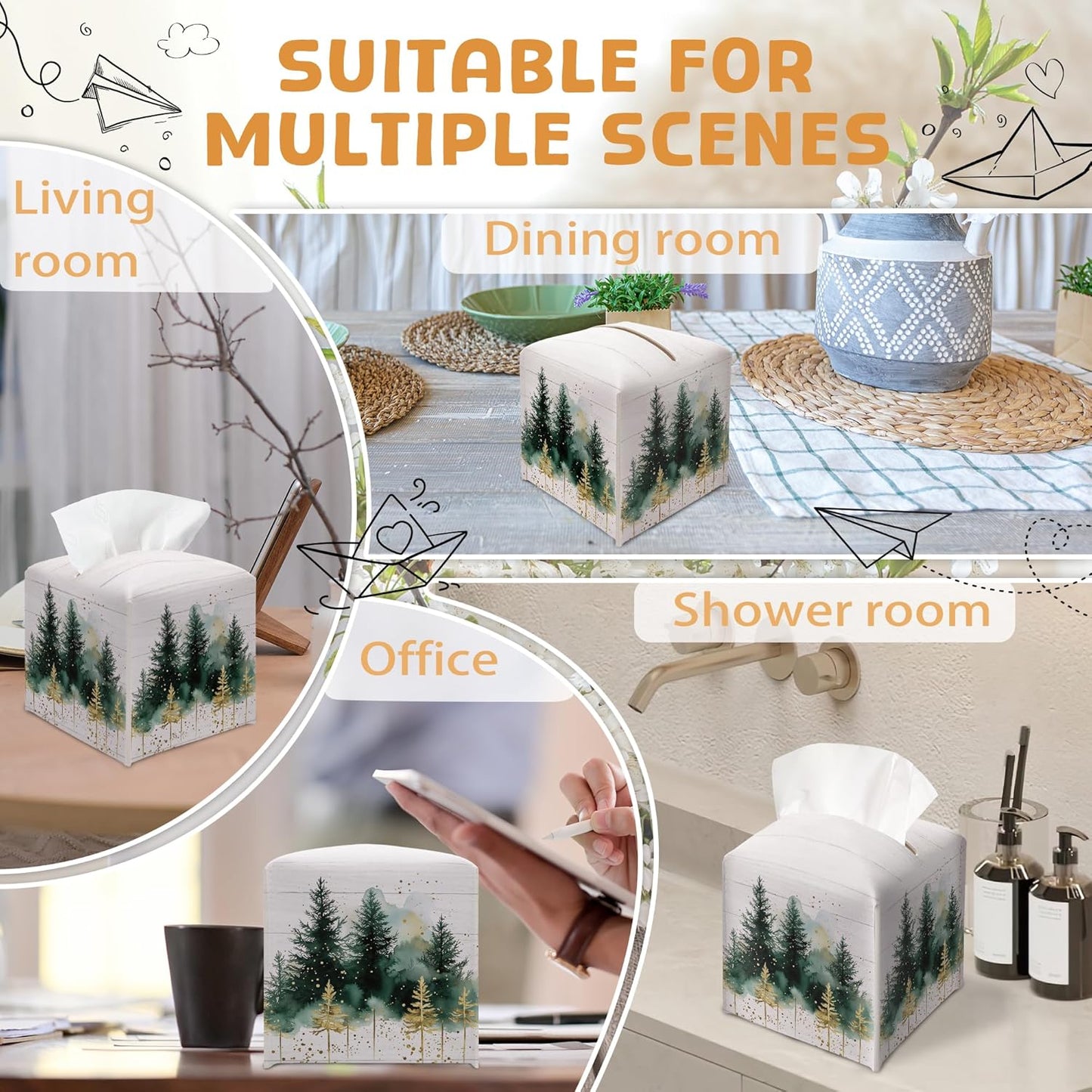 Winter Pine Tree Tissue Box Holder, Christmas Tree Leather Tissue Box Cover Square, Paper Facial Decorative Tissues Cover for Night Stands Bathroom Kitchen Office Home Decor-B17