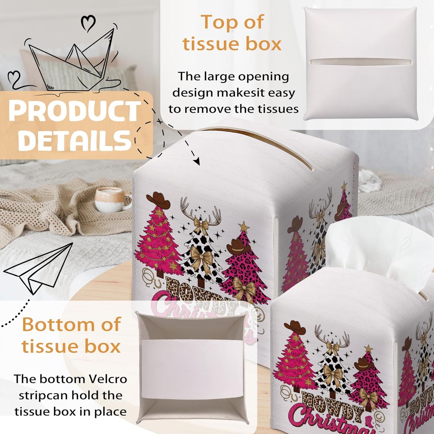 Christmas Tissue Box Holder, Pink Western Cowboy Christmas Trees Leather Tissue Box Cover Square, Paper Facial Decorative Tissues Cover for Night Stands Bathroom Office Home Decor-B08