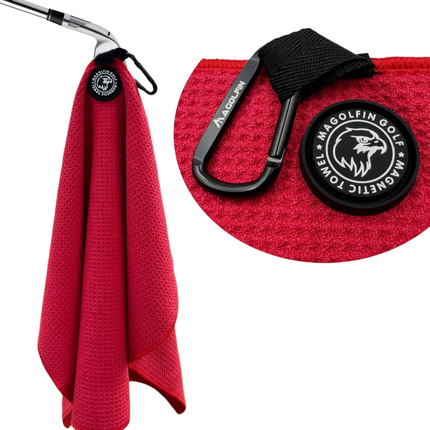 Magnetic Golf Towel with Clip, Microfiber Waffle Design - Industrial Strength Magnet for Strong Hold to Golf Bags, Carts & Clubs - Red