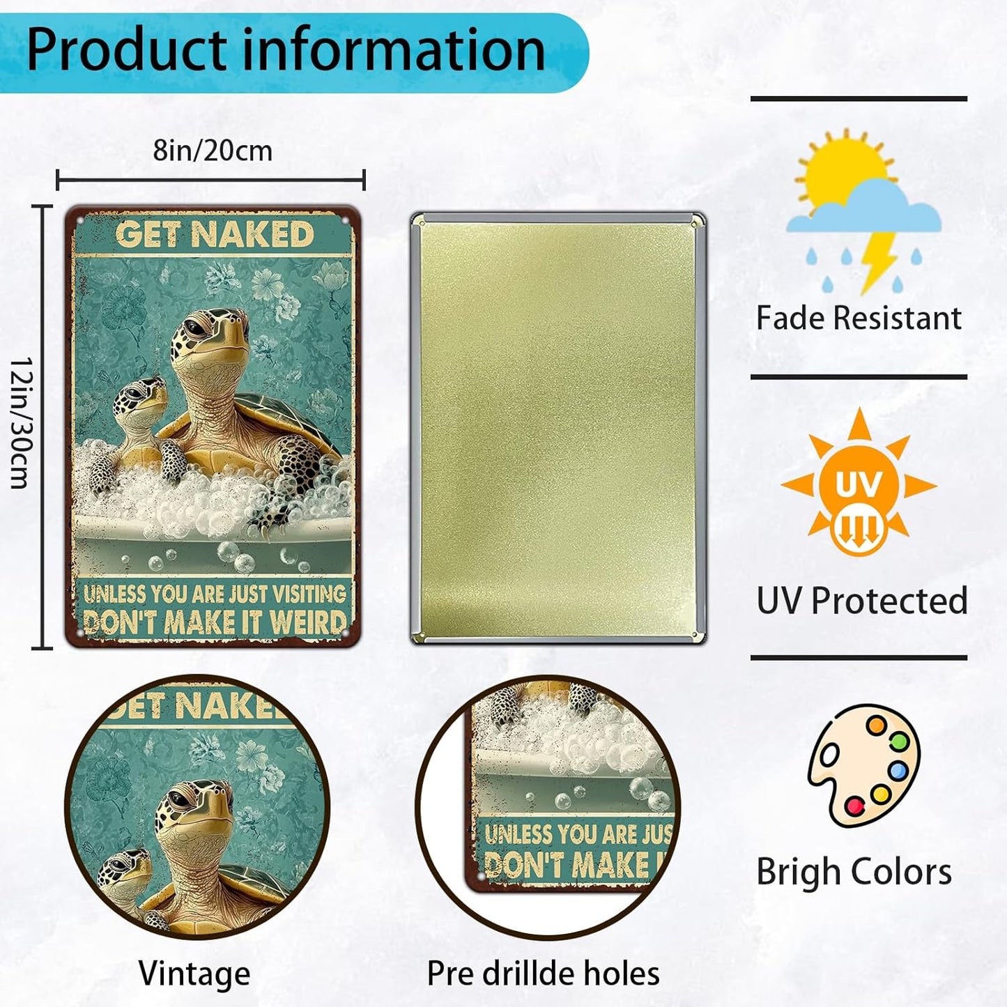 Sea Turtle Funny Bathroom Quote Metal Tin Sign Wall Decor Vintage Get Naked For Home Hotel Bathroom Sign 12x8 Inch