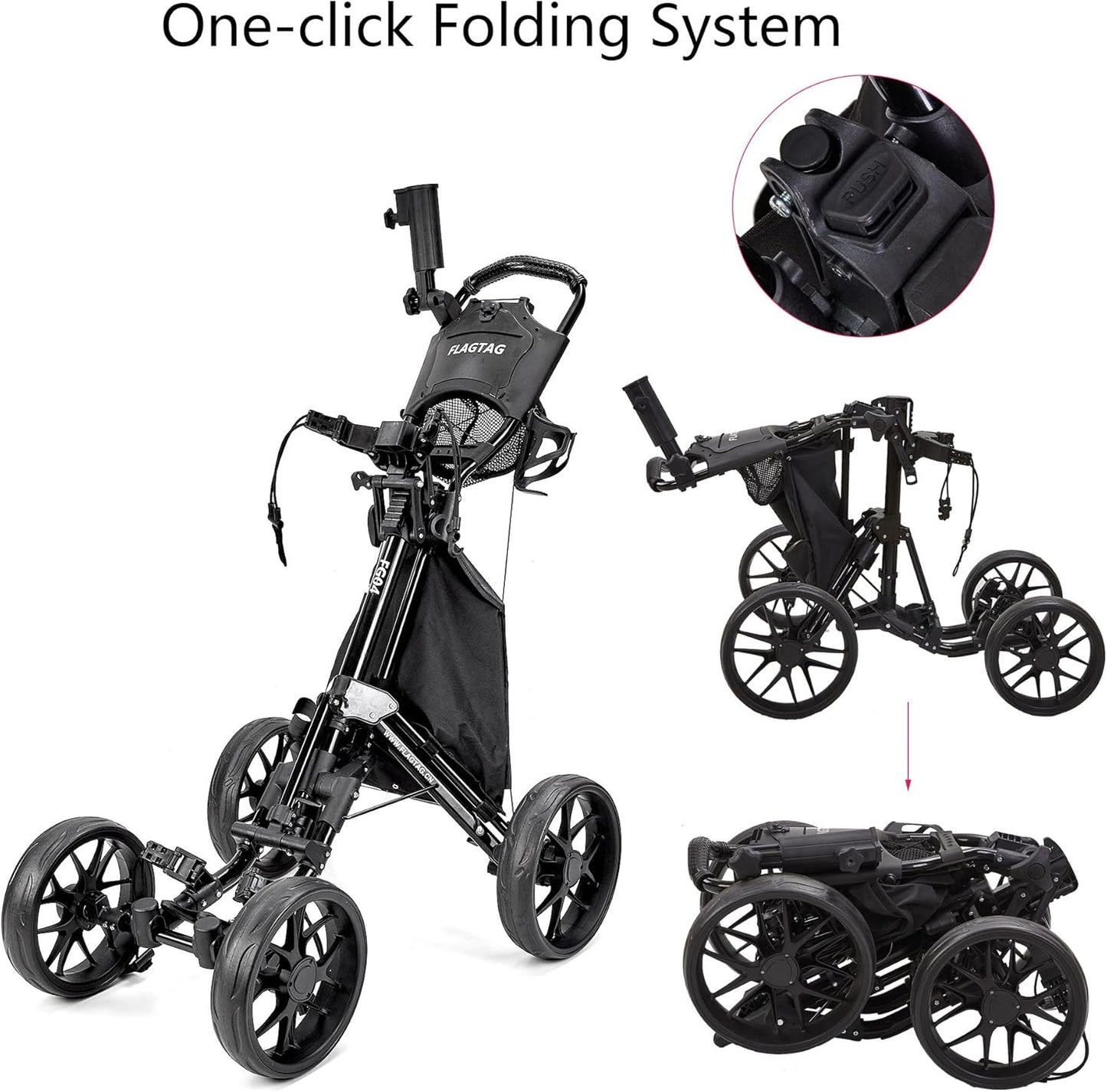 Golf Push Cart 4-Wheels,Folding Golf Cart, Golf Pull cart with Cup Holder,Umbrella Holder,Cooler Bag, Foldable with one-Click,Handle Height Adjustable,Drink Holder,Walking Push cart