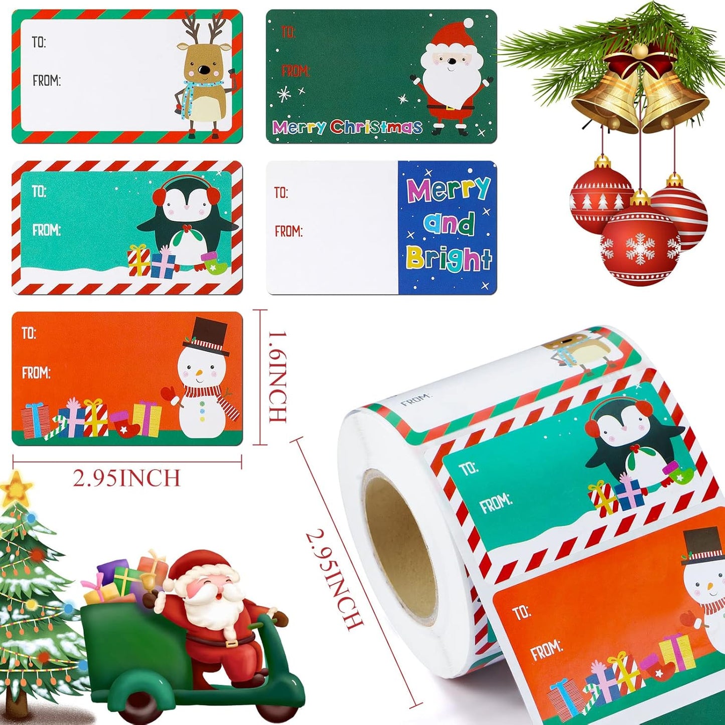 Outus 500 Pieces Christmas Tags Self Adhesive Gift Tags for Xmas Presents Christmas Name Labels Stickers for Wrapping Paper Festival Birthday Holiday Decor(Festive Style,2.95 x 1.6 Inch)