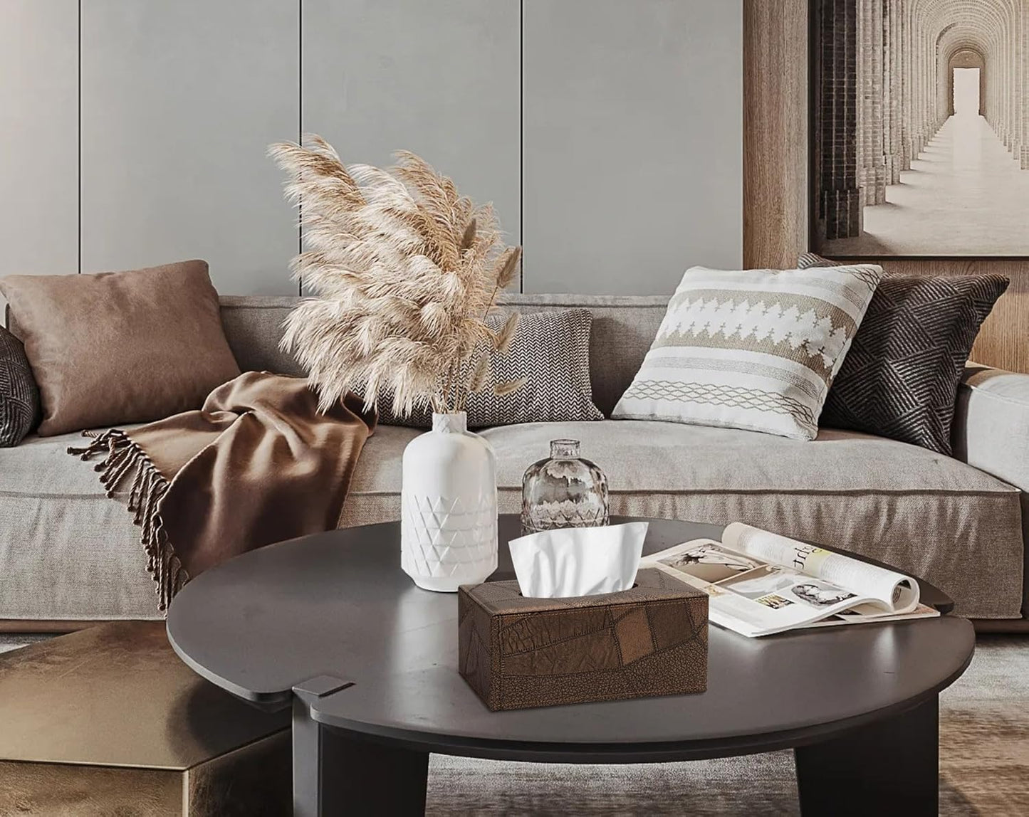 Tissue Box Cover Rectangular Tissue Box Holder for Bathroom (Retro Brown)