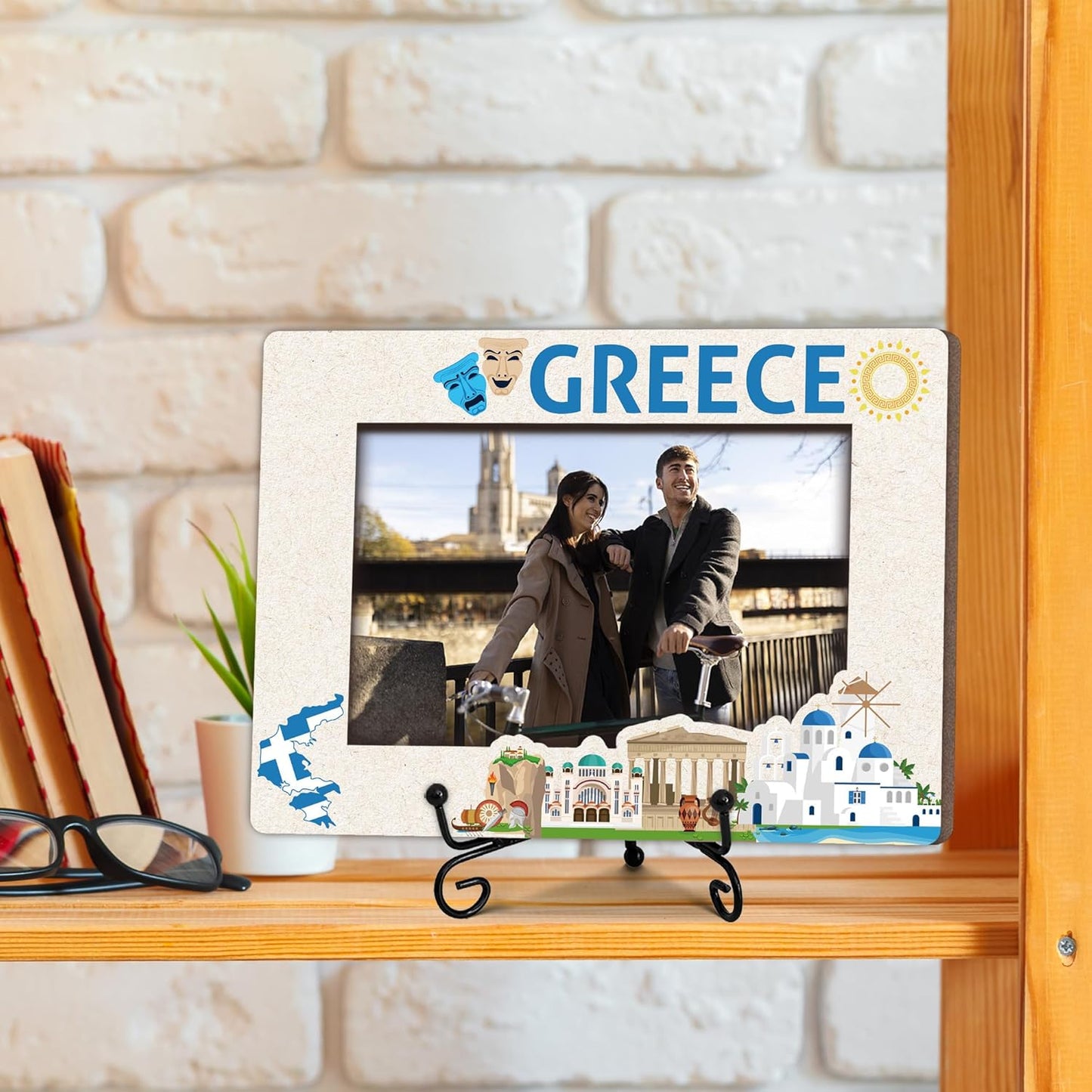 Greece Travel Picture Frame, 5 x 8 Greece Themed Wooden Photo Frame with Stand, Vacation Anniversary Honeymoon Gifts For Friend Family Couples, Home Office Desk Decorations-A15