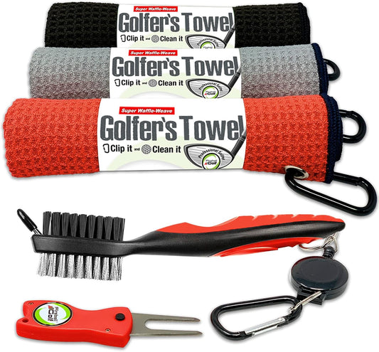 Towel Gifts and Accessories Set (Many Colors) - 3 Golf Towels, Golf Divot Tool, Ball Marker, and Golf Cleaning Brush, Golf Gifts for Men, Women, Children