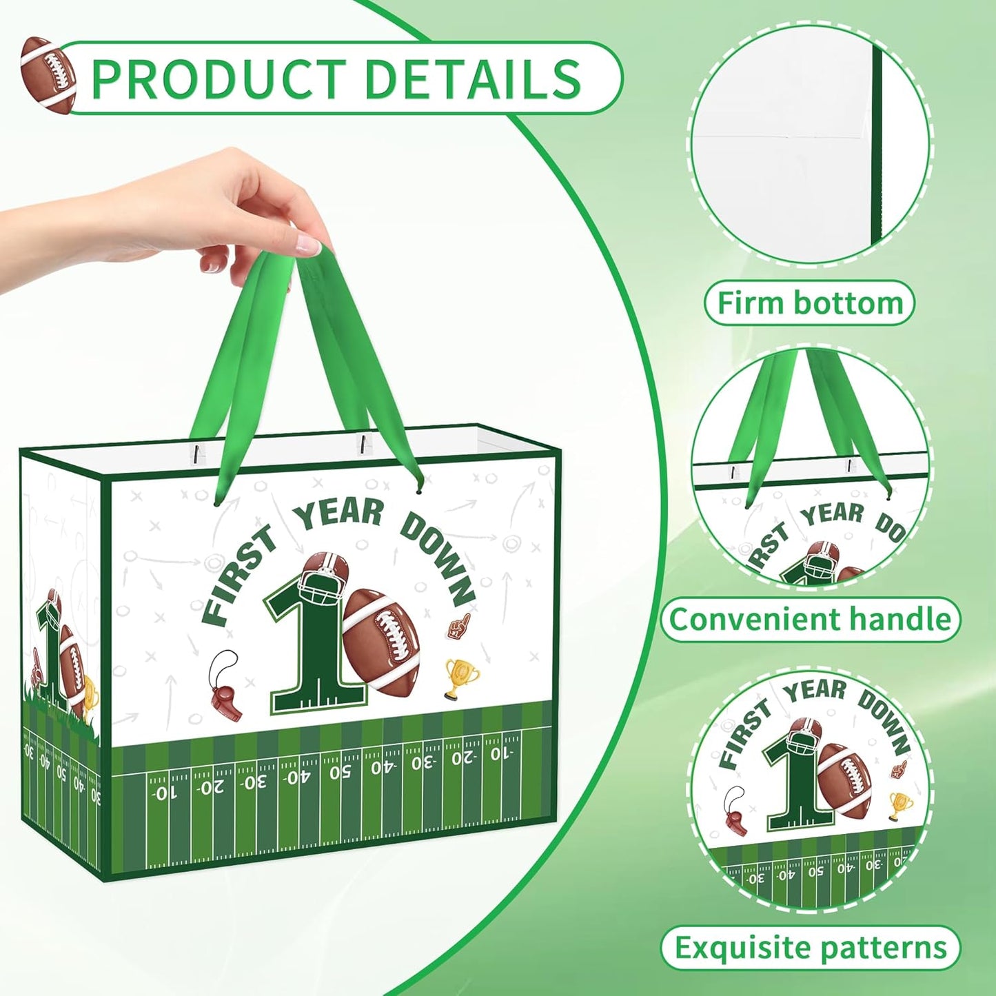 EoBeCy First Year Down Football Gift Bags, Large First Birthday Gift Bag with Tissue Paper and Greeting Card, Football Wrapping Paper for Boys Kids Men Sports Theme 1st Birthday Party Favor Supplies