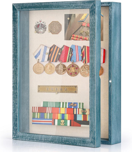 Love-KANKEI Shadow Box Display Case 11x14 Shadow Box Picture Frame with Linen Back Memorabilia Awards Medals Photos Memory Box Gift Rustic Blue