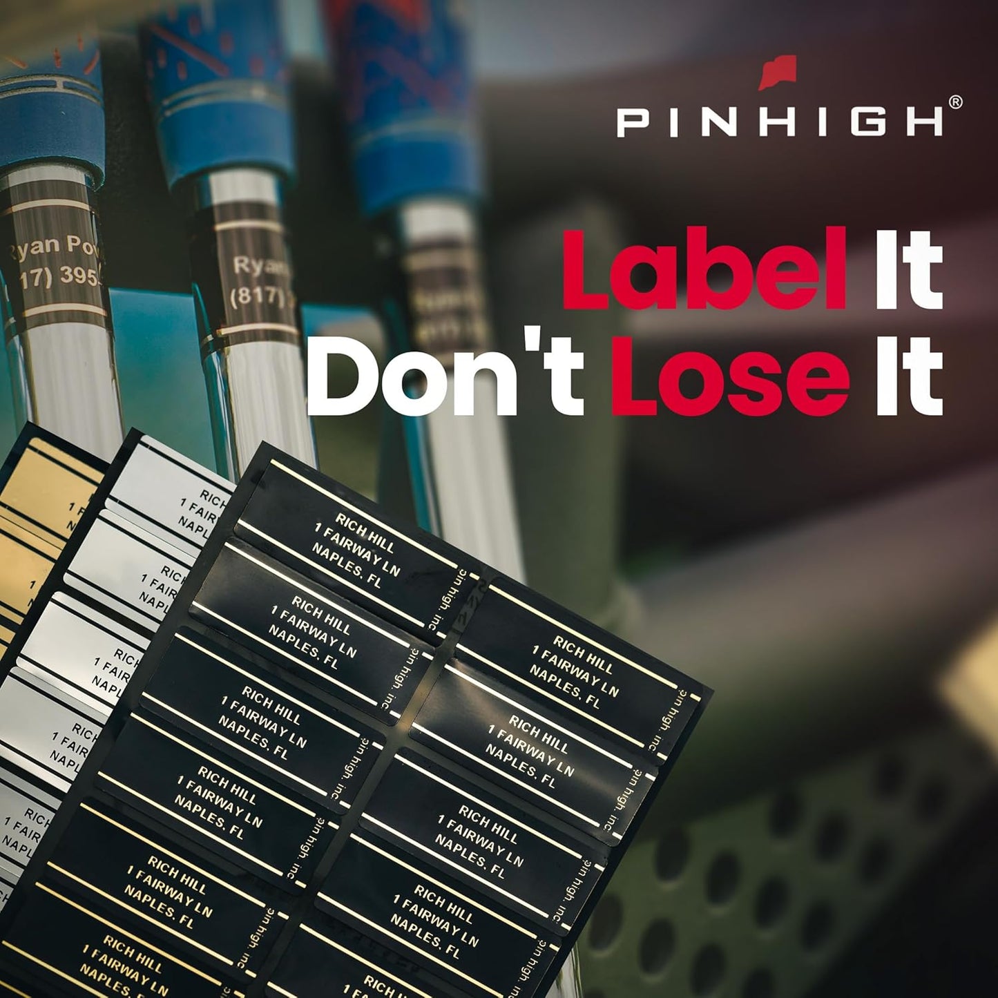 PIN HIGH Personalized Golf Club ID Labels | Weatherproof, Fade Resistant, Laminated Thermal Transfer Labels, Made in The USA, (Free Customization & Shipping), Set of 20, Gold