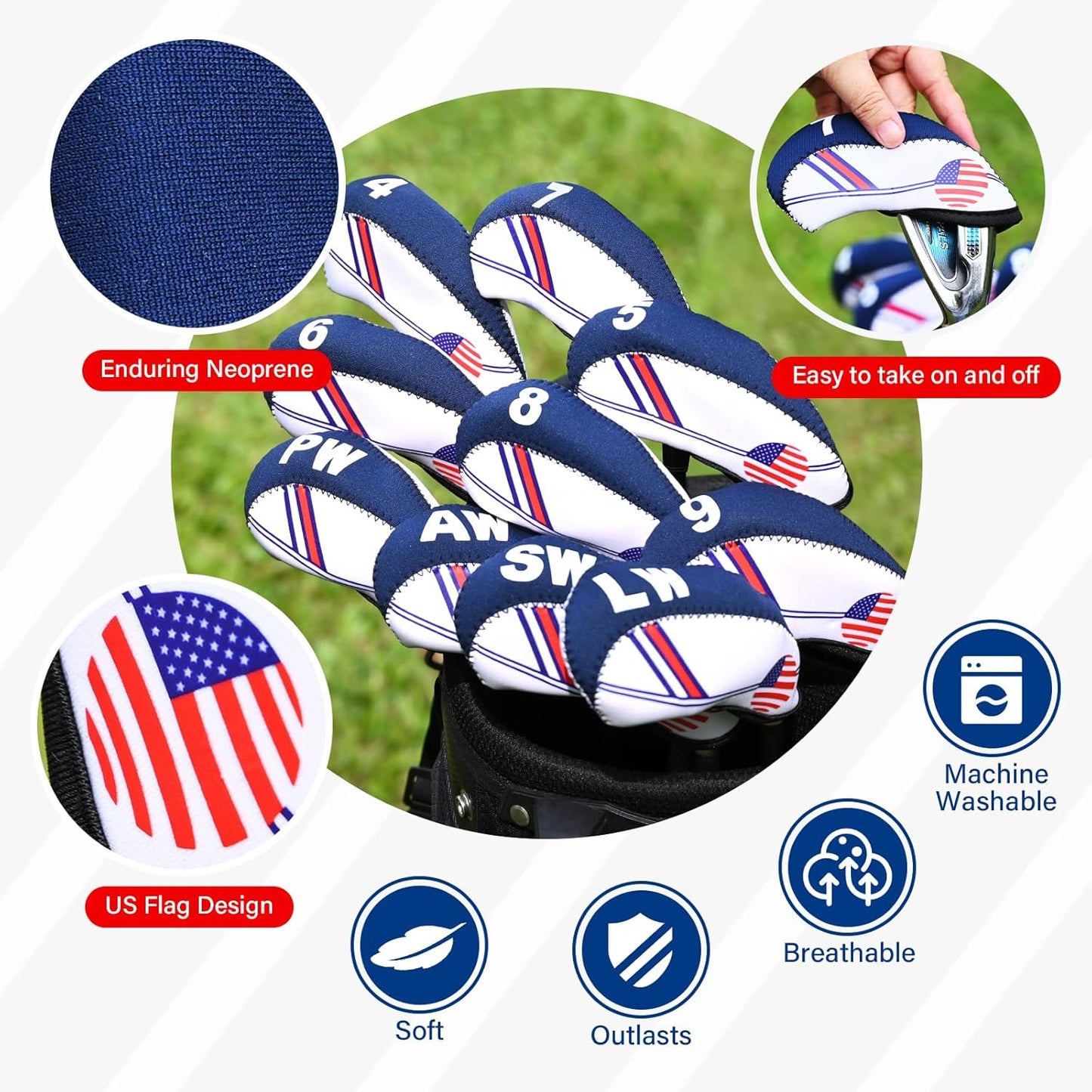 Golf Club Iron Head Covers Set, 10PCS Neoprene USA Flag Design Protective Covers for Irons