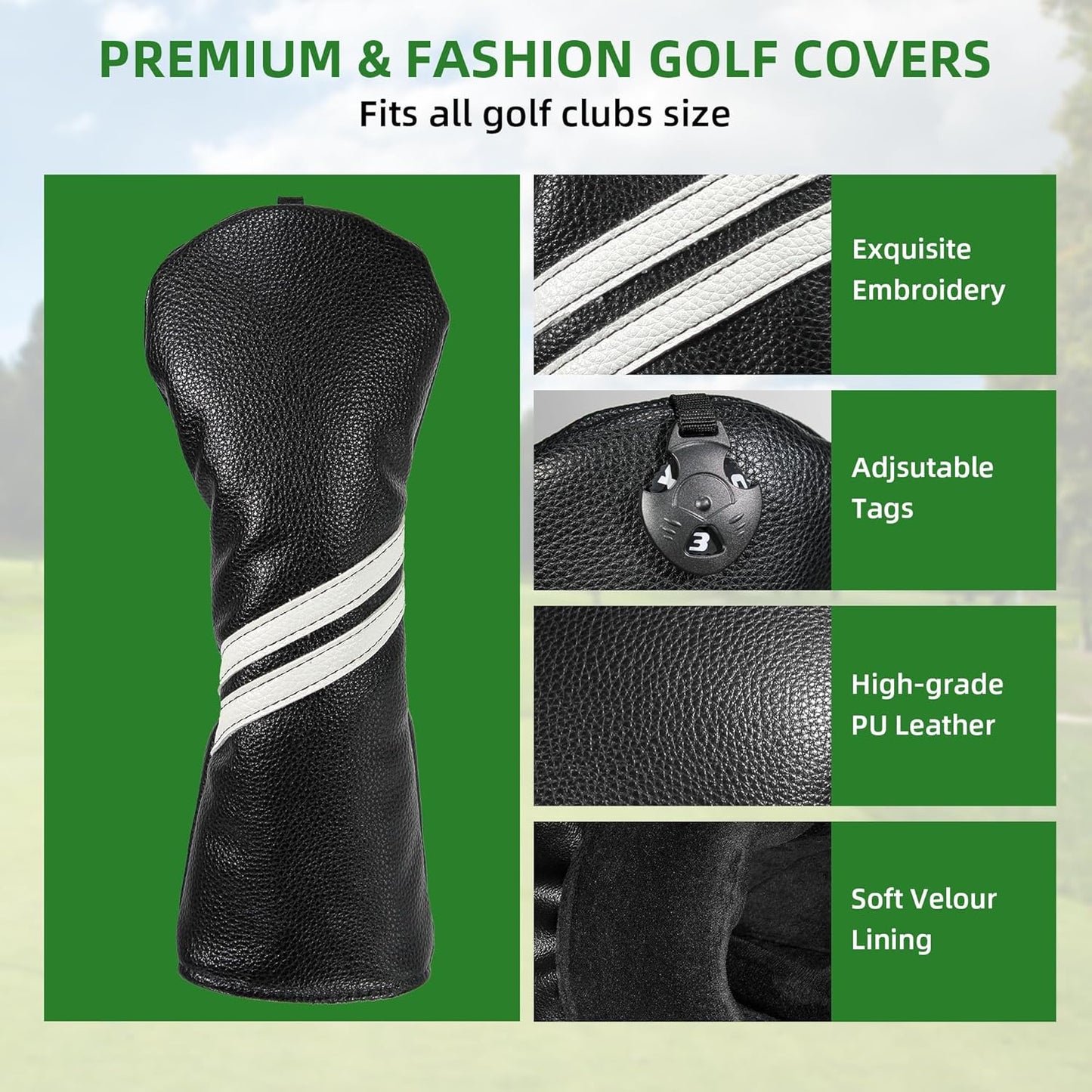 Golf Club Head Covers - 4pcs or 1pc Golf Accessories Club Covers Set for Woods and Driver Fairway Hybrids with Interchangeable Tags