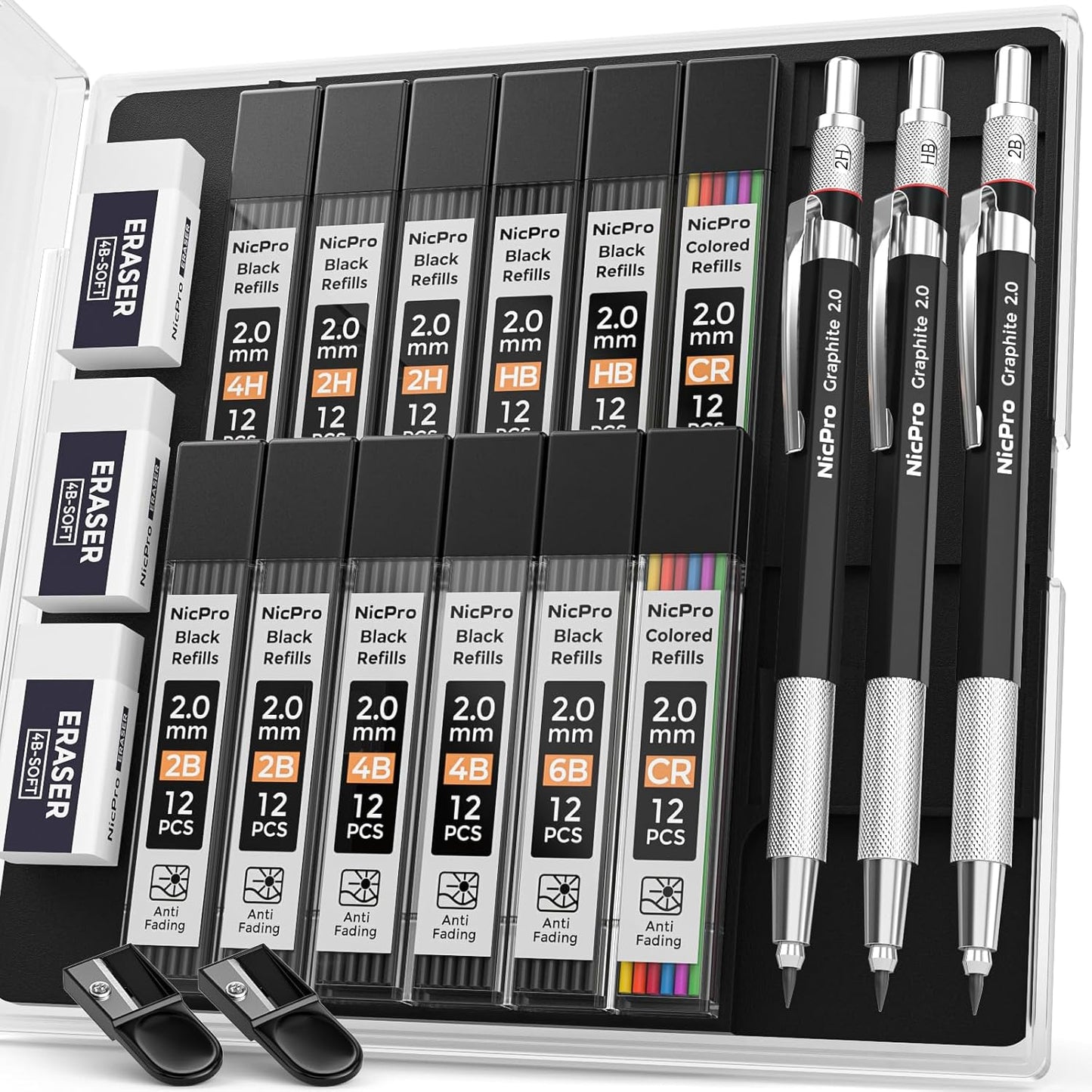 Nicpro 2mm Metal Mechanical Pencil Set with Case, 3PCS Lead Pencil Holder 2.0 mm with 144PCS Lead Refills (4H 2H HB 2B 4B 6B Color), Eraser, Sharpener for Drafting Writing Drawing Sketching