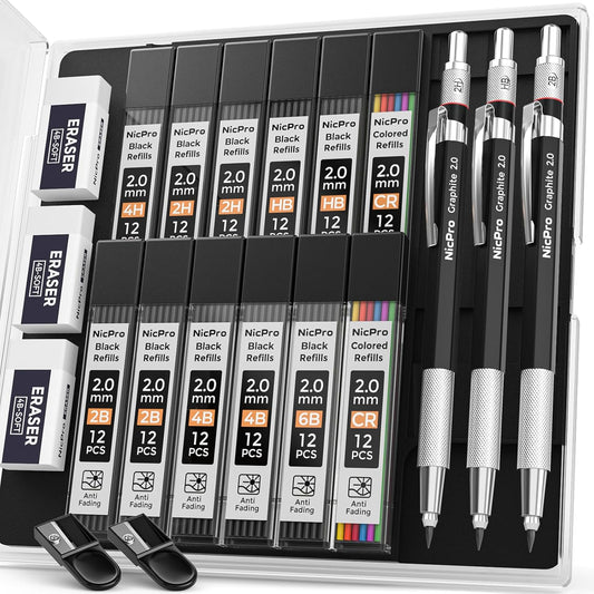 Nicpro 2mm Metal Mechanical Pencil Set with Case, 3PCS Lead Pencil Holder 2.0 mm with 144PCS Lead Refills (4H 2H HB 2B 4B 6B Color), Eraser, Sharpener for Drafting Writing Drawing Sketching