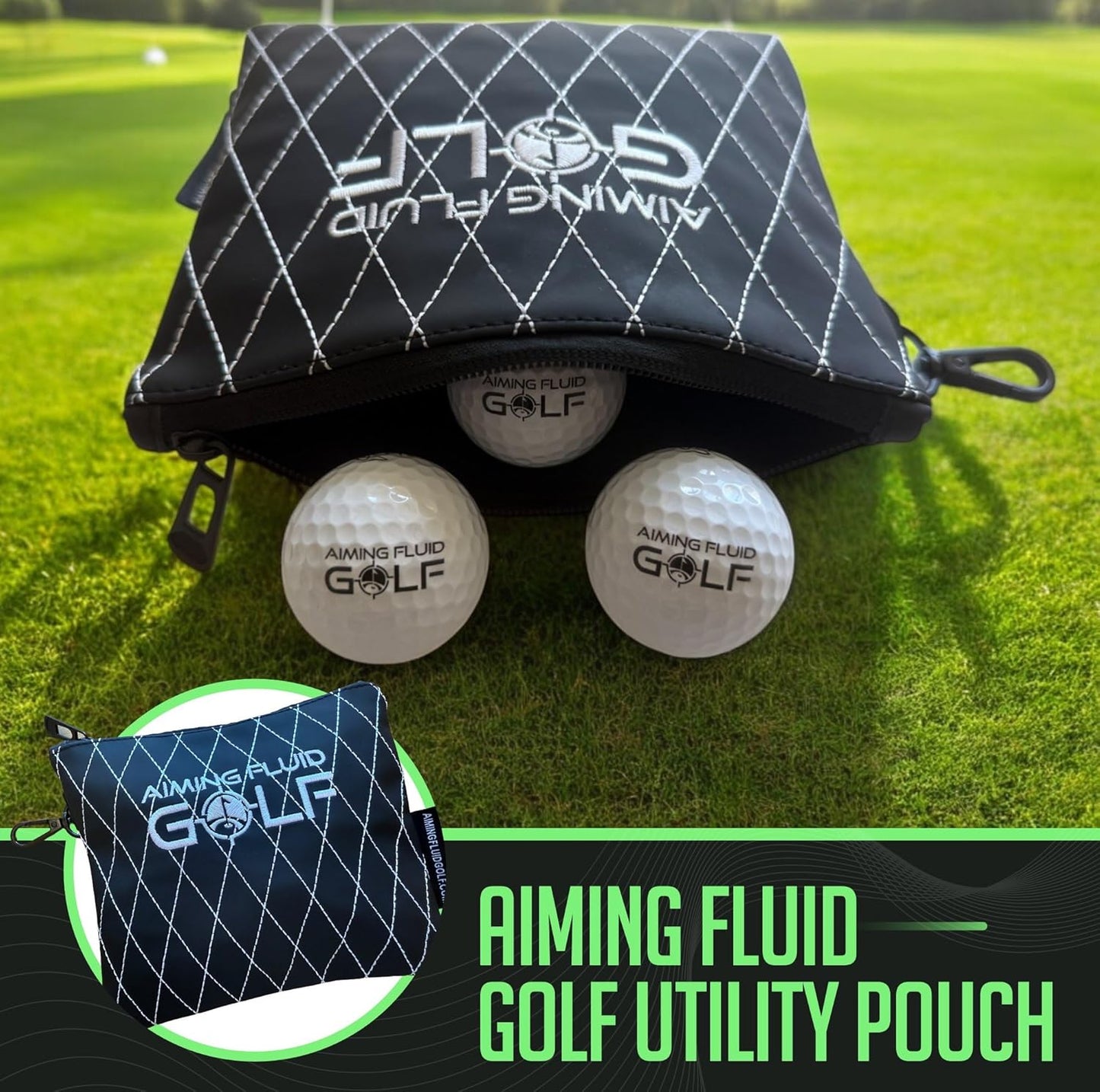 Premium Leather Golf/Travel Valuables Pouch – Luxury Zippered Utility Bag I Diamond Stitching I 360° Swivel Clip I Soft Interior for Golf Accessories & Travel Essentials (Black)