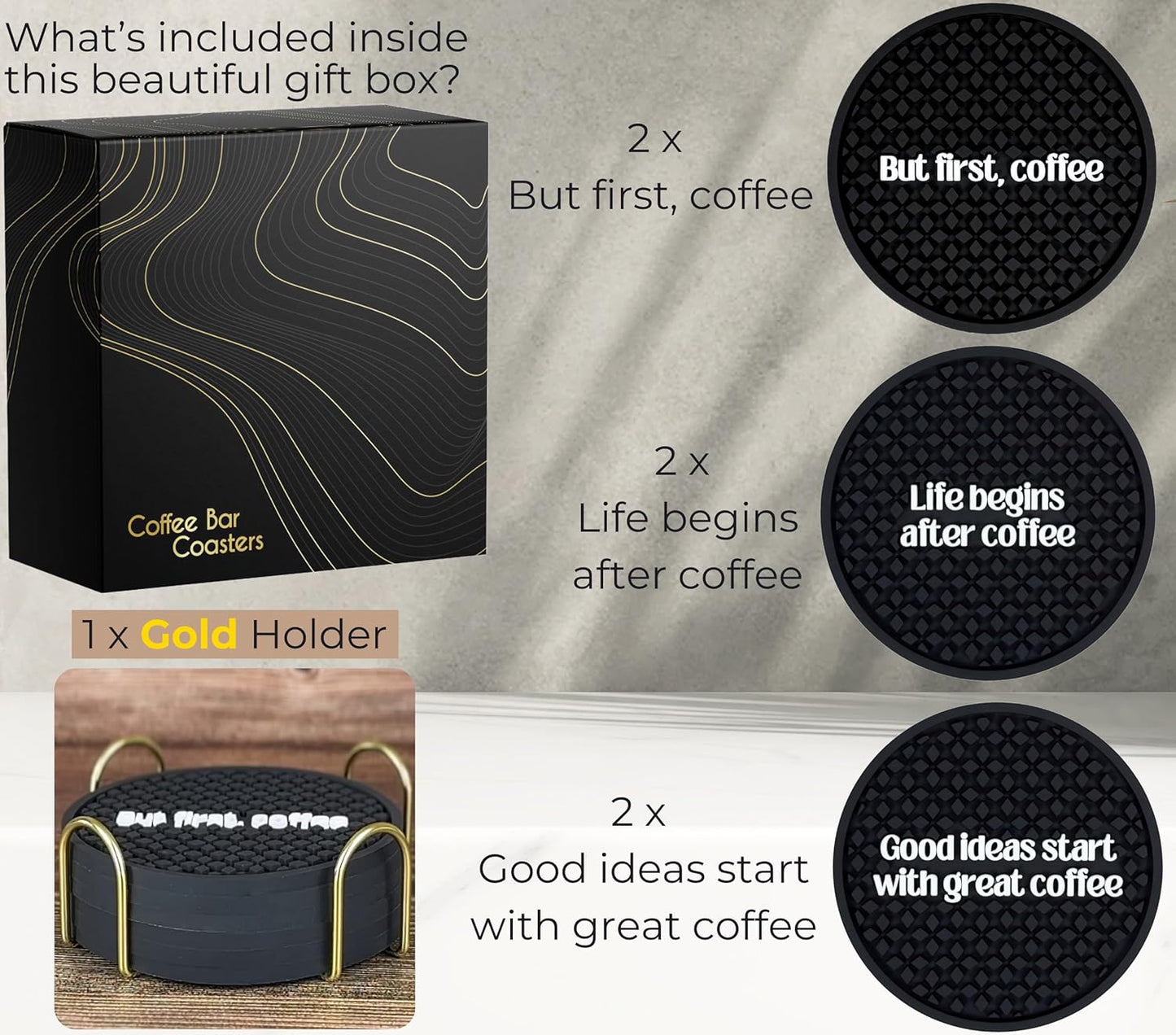 Coffee Coasters Set of 6 for Bar Decor and Bar Accessories, But First Coffee Decor Funny Silicone Coasters with Gold Holder, Coaster 6 Pack, Tiki Bar Drink Coaster for Outdoor Decorations
