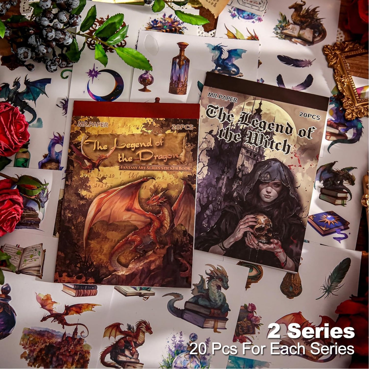 Pre-Cut Dragon and Witch Sticker Book Set, 40 Pages of Fantasy Ephemera for Scrapbooking, Journaling, DIY Crafting, and Art Supplies