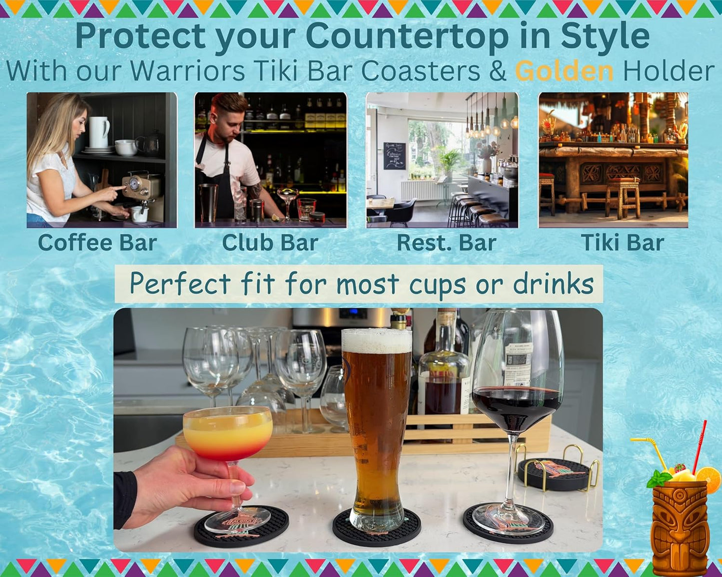 Tiki Bar Warriors Coasters Set of 6 with Holder, Bar Decor Silicone Coasters with Welcome, Aloha and Warrior, Luau and Hawaiian Decor Black Coaster, Outdoor Tiki Rubber Decorations