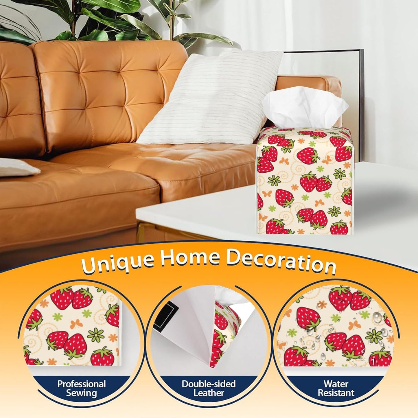 Tissue Box Cover Square,Strawberry and Floral Tissue Box Holder Waterproof Leather Facial Paper Case Modern Home Decoration for Bedroom Dresser Night Stand Office Desk