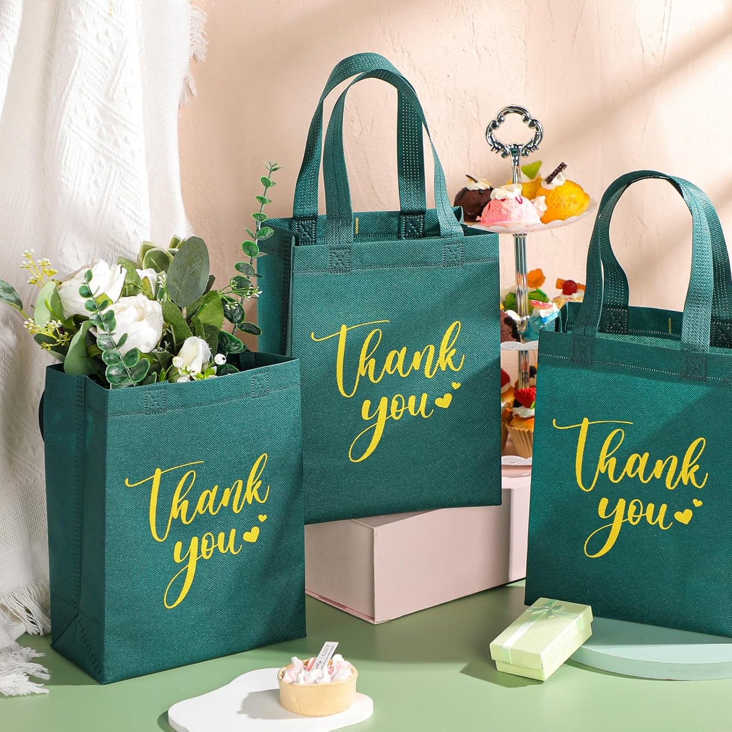 Sweetude 30 Pcs Thank You Gift Bags with Handles Bulk Reusable Goodie Bag Non Woven Foldable Handbag for Graduation Wedding Bridesmaid Gifts(10 x 8 x 4 Inch,Dark Green)