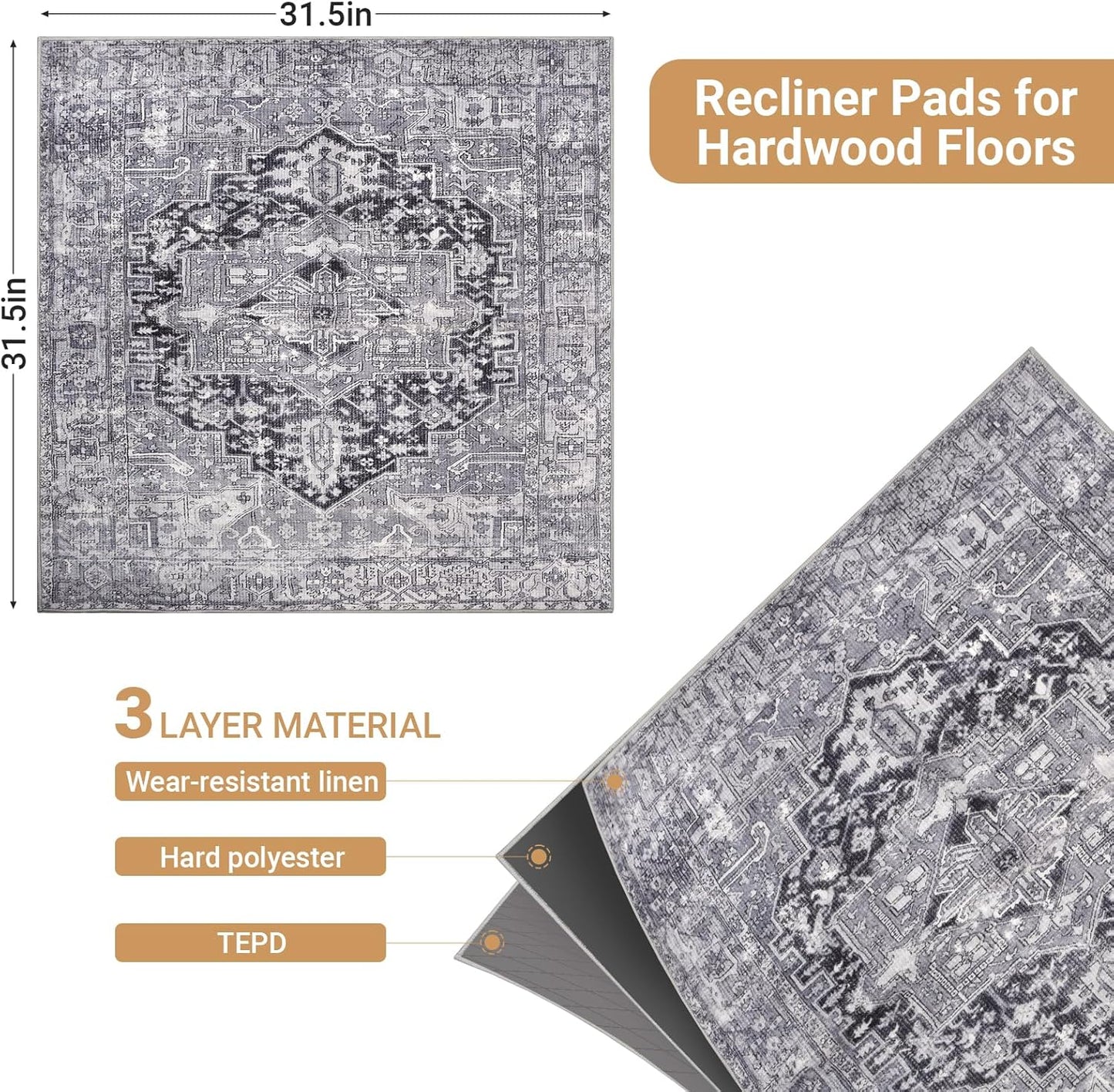 Recliner Chair Mat, Recliner Pads for Hardwood Floors, Non Skid Rubber Furniture Gripper Pads for Recliners, 31.5inch Diameter Low Pile Heavy Duty Non Slip Multi-Purpose Desk Chair Mat Rug