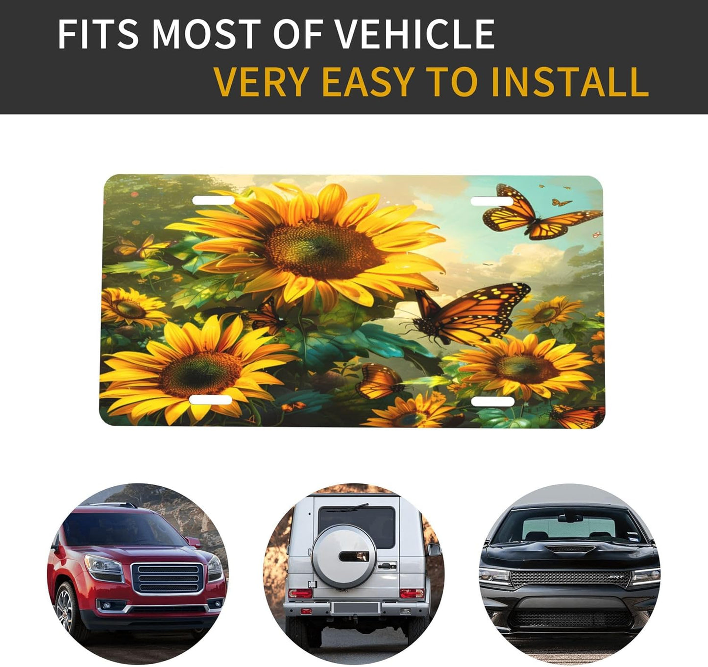 Front License Plate for Car Designs Sunflower Flower Butterfly Stainless License Plate Cover Holder for Men Women Metal Aluminum Decorative Accessory Vanity Tag Standard 6 X 12 inch (4 Holes)