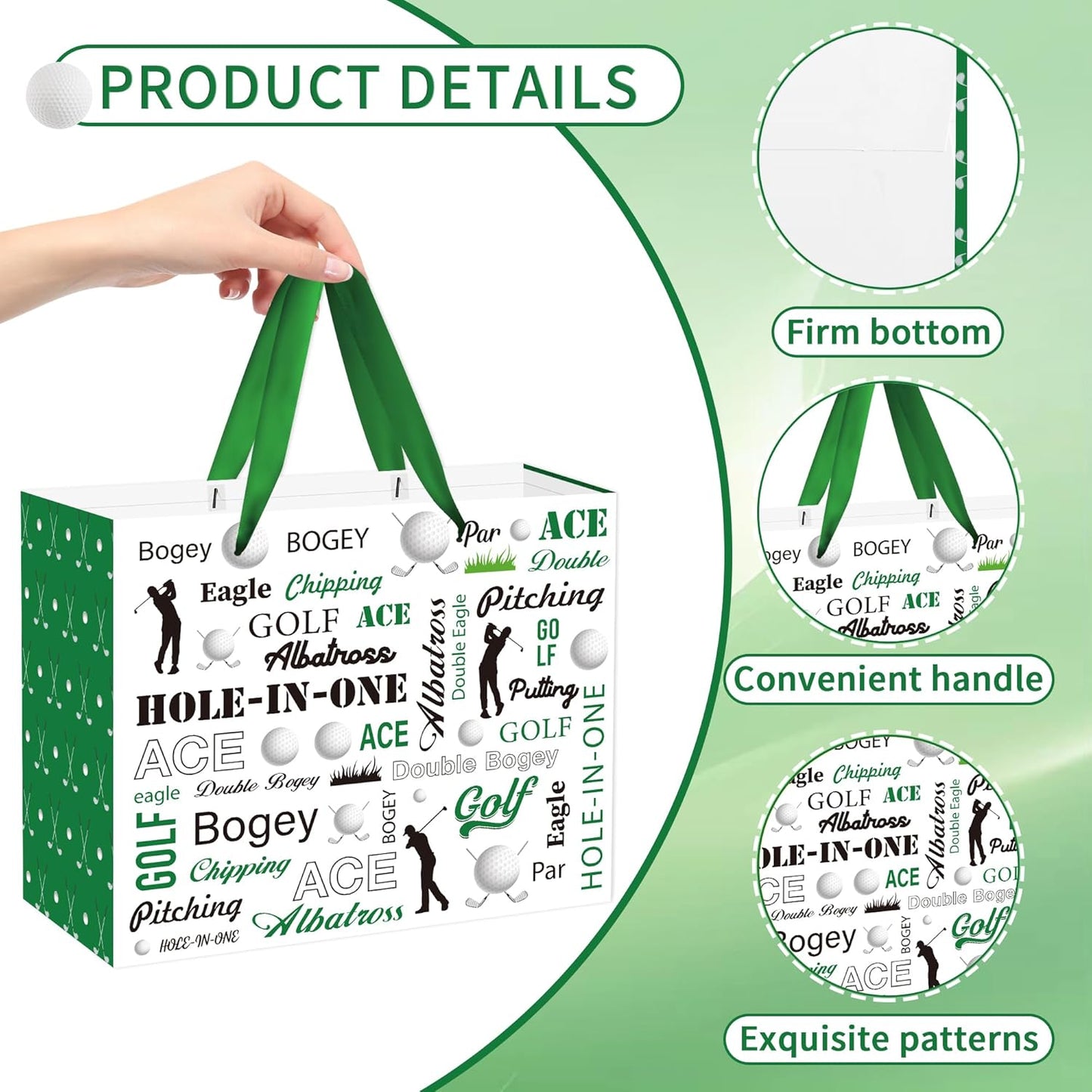 EoBeCy Golf Gift Bag with Handles, Tissue Paper and Greeting Card, Green Golf Wrapping Paper for Men Boys Kids Sports Themed Birthday Party Favors Supplies Decorations