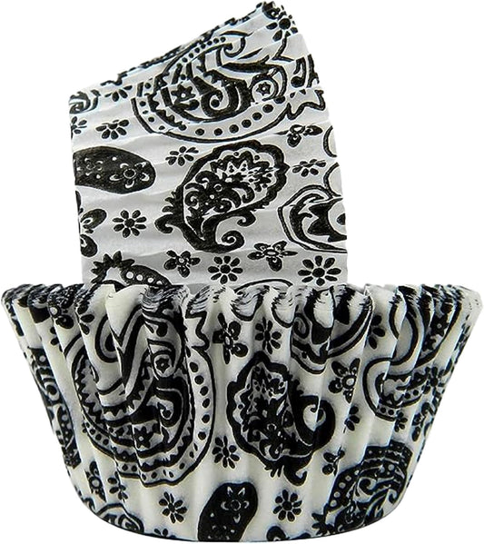 Regency Wraps Greaseproof Professional Grade Baking Cups, Pack of 40, Standard Liners, Black/White Paisley, for Cupcakes, Muffins, Candy, Non Stick