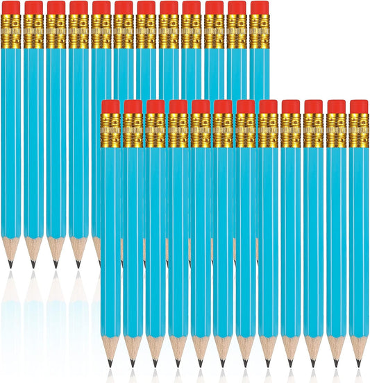 Zonon 24 Pcs Light Blue Golf Pencils with Erasers Mini Small Pencil Baby Shower Favors Bulk Hexagon Wooden Sharpened Half Graphite 2B for Golf Event, Wedding, Party Game, School, Company, Pew, Pocket
