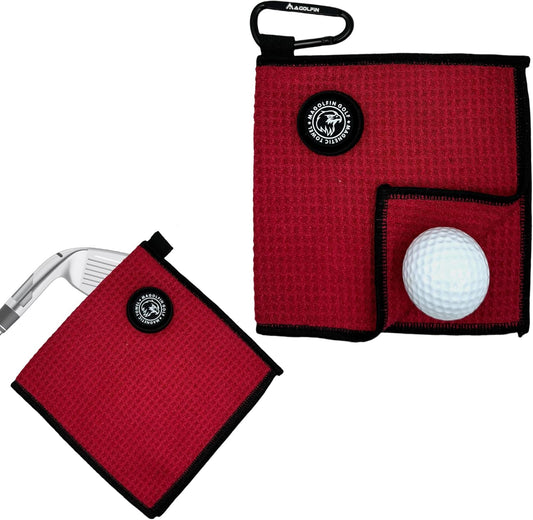 Small Magnetic Golf Towel with Clip, Microfiber Waffle Design - Industrial Strength Magnet for Glof Balls, Golf Bags, Carts Clubs - Red