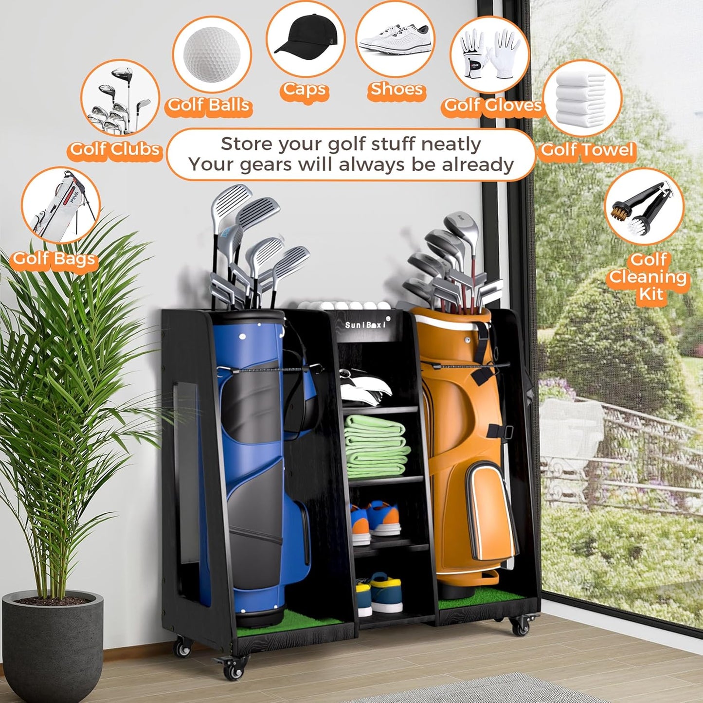 Wooden Golf Storage Organizer for Garage, Premium Golf Bag Holder Rack for Golfing Accessories, Great Gift for Golfers,Husband, Dad