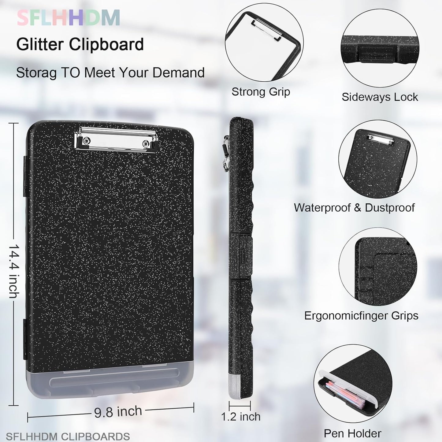 Glitter Clipboard with Storage,Storage Clipboard with Pen Holder,A4 Binder Clip Boards 8.5x11 with Low Profile Clip,Side Opening Sparkle Clipboards, Clipboards Folder for Office Supplies-Starry Black