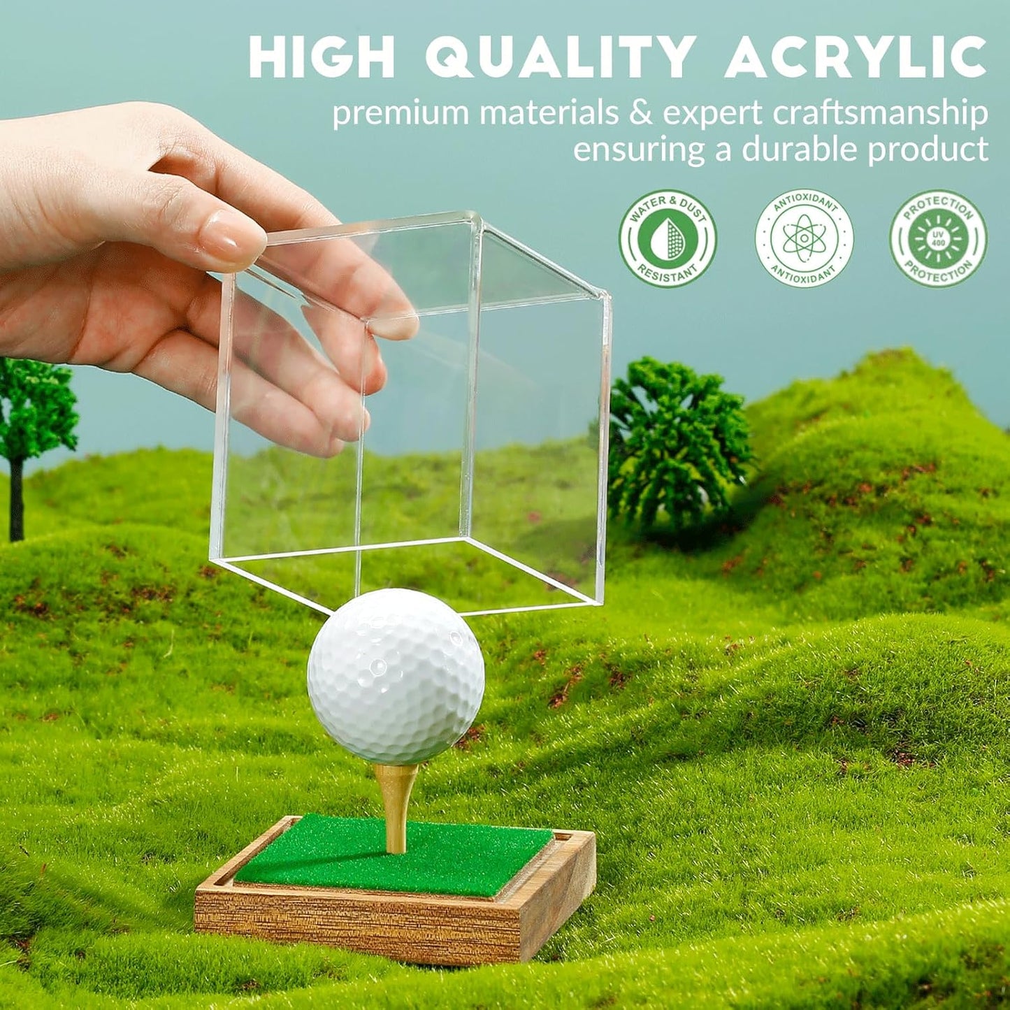 JupDec Golf Ball Display Case Clear Acrylic Memorabilia Stand Cube Holder with Wood Base & Tee, Dust Protection Transparent Storage Box for Single Ball Souvenir Golfball Collections, Brown, 2 Pack