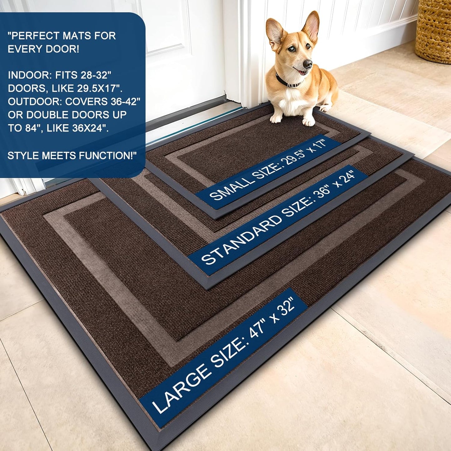 OLANLY Front Door Mat Indoor Outdoor Entrance, Waterproof All-Season, All-Weather Doormat, Sturdy Natural Rubber, Fade Resistant, Low Profile, Easy Clean Patio Porch Entryway Mat, 71x47, Dark Brown