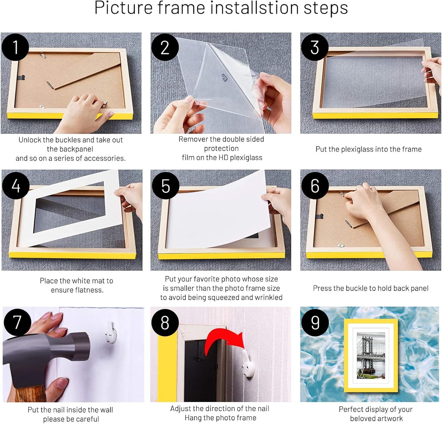 8x10 Picture Frames Solid Wood Display Pictures 5x7 with Mat or 8x10 Frame without Mat Poster Photo Frame Art with 1 Mats for Wall Mounting or Table Top(Yellow)
