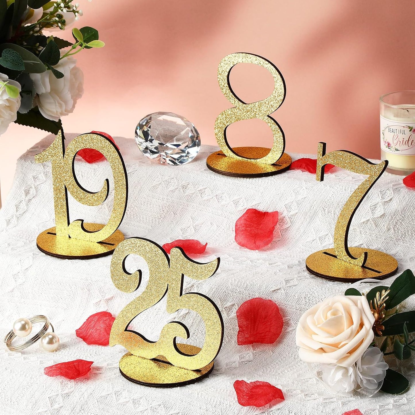 Glitter Table Numbers 1-25 Wooden Table Numbers for Wedding Reception Standing Seat Place Cards with Holder Base for Wedding Party Event Catering Receptions Banquets(Gold)