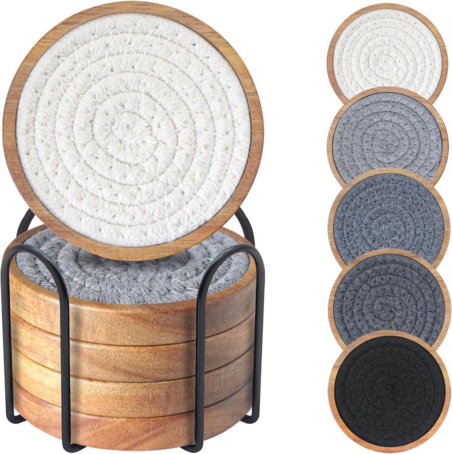 Coasters for Drinks Absorbent Sets of 5, Woven Coasters with Holder, Wood Coasters for Coffee Table, Housewarming Gift for Farmhouse Home Decor, 4 inches (Gray Series)