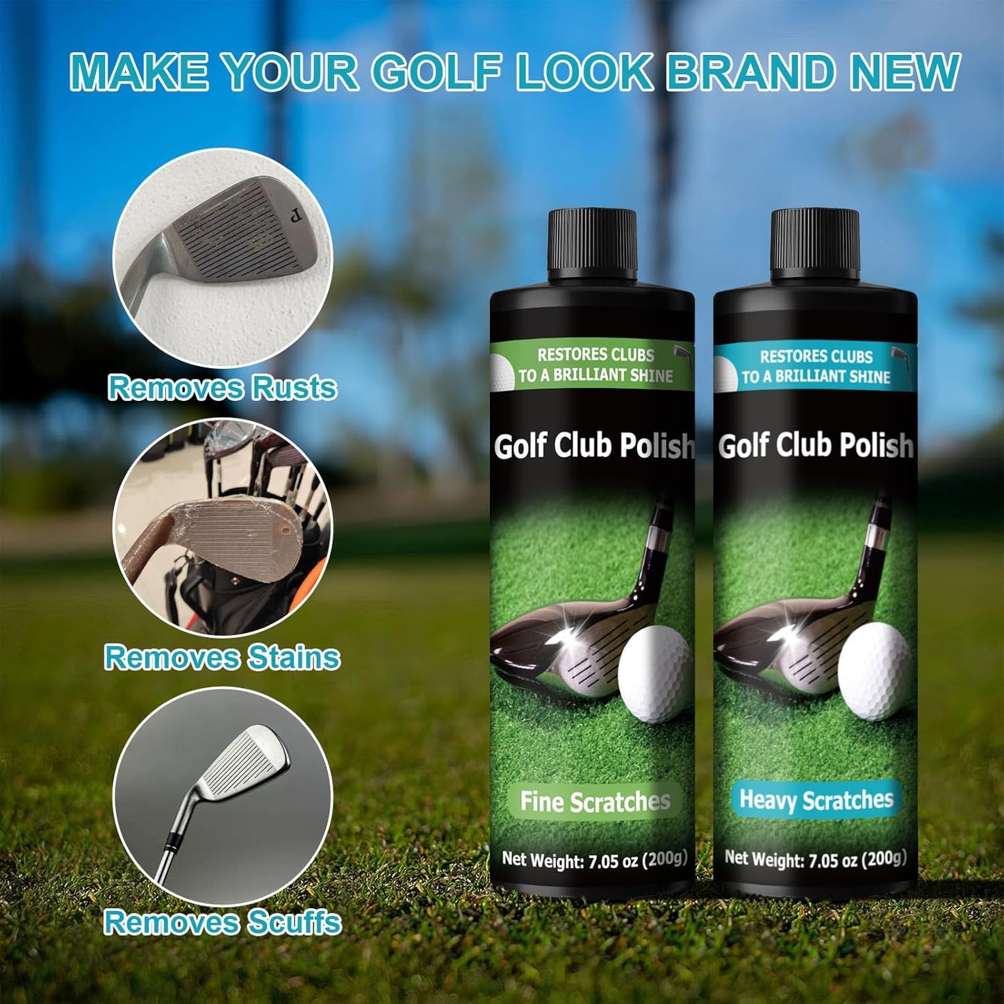 Golf Club Polish 14.1oz, Remove Scuffs and Scratches Golf Club Polishing Kit, Club Cleaning Kit Polish for Metal, Zinc, Aluminum & Steel Clubs