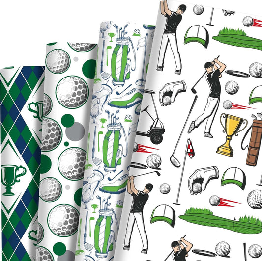 12 Sheets Golf Wrapping Paper Golf Clubs Balls Green Argyle Pattern Sports Gift Wrap Paper for Golf Theme Birthday Party Supplies, 20" x 28"