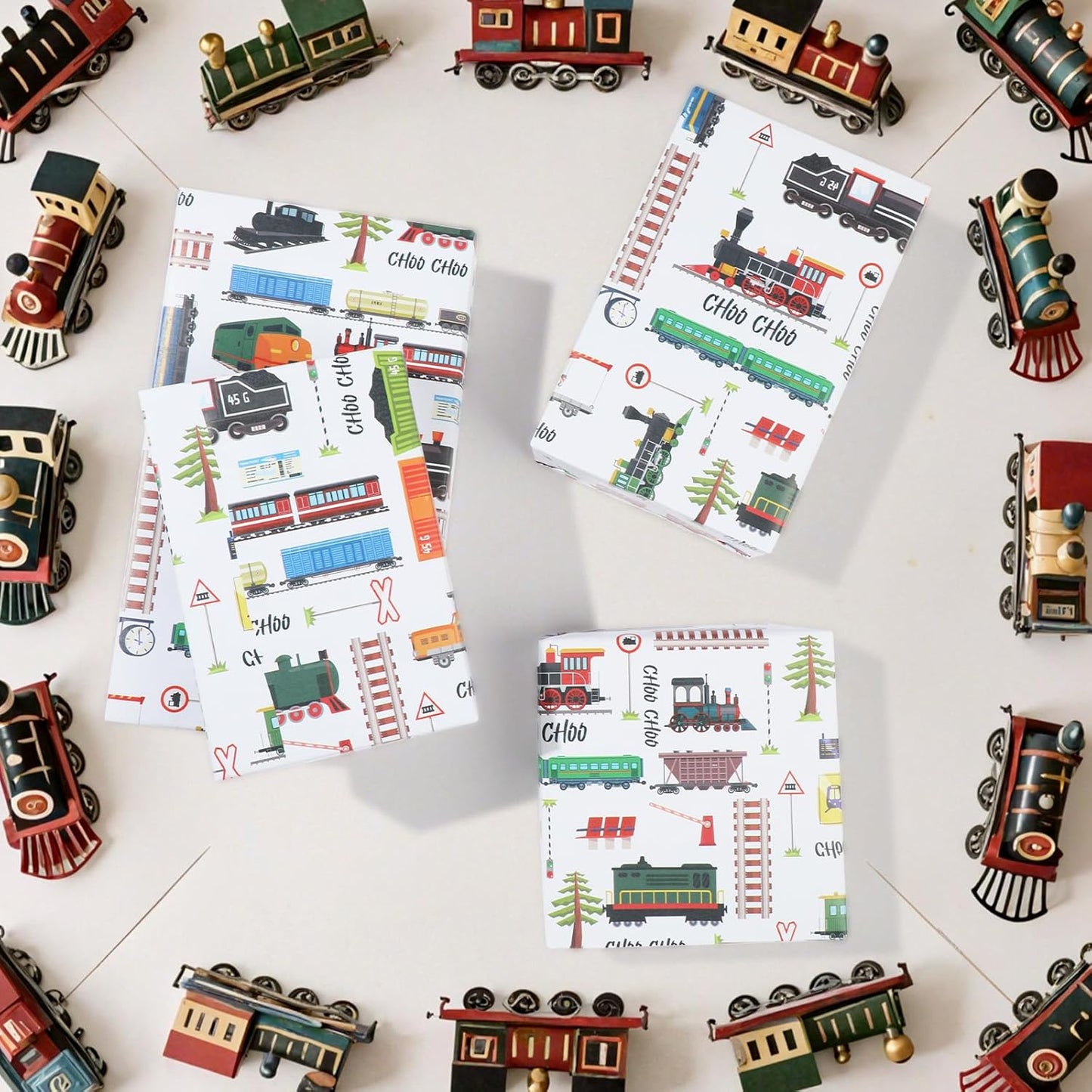 Pineraap Train Themed Wrapping Paper Roll - 17Inch x16.4Feet - Locomotive Railroad Track Sign Design Gift Wrap for Birthday,Holiday Parties,Baby Showers