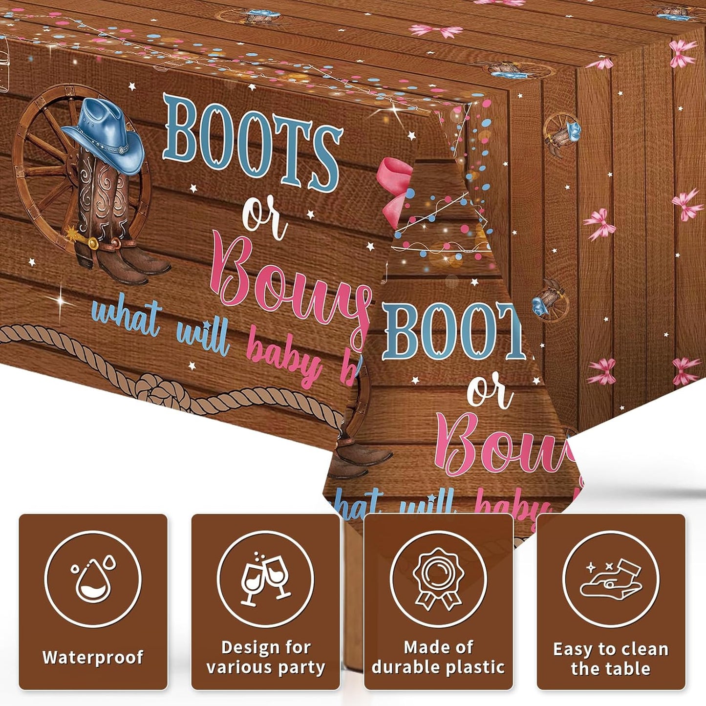 3Pcs Boots or Bows Gender Reveal Tablecloth What Will Baby Be He or She Table Cover Plastic Rectangle Blue or Pink Table Cloth for Western Cowgirl Cowboys Gender Reveal Party Supplies 54" x 108"
