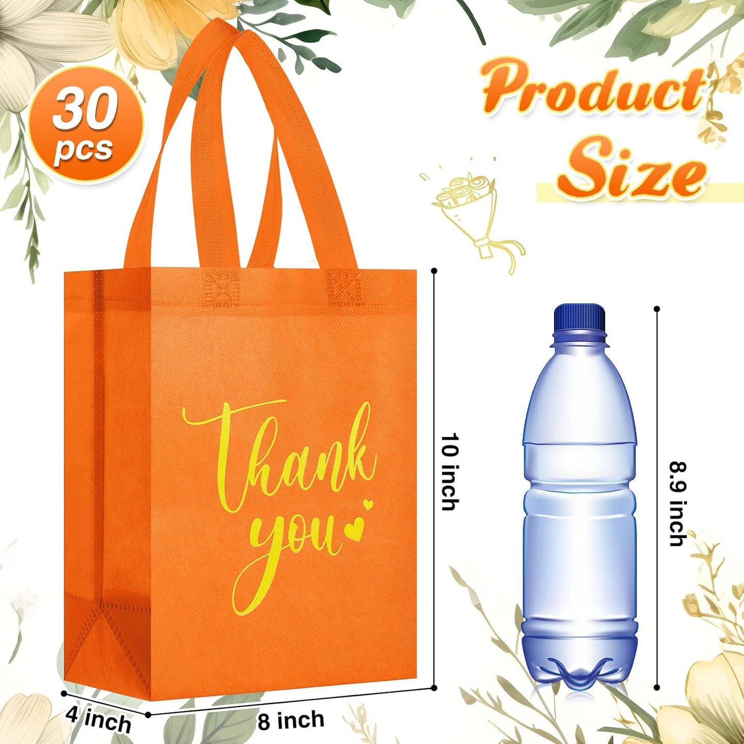 Sweetude 30 Pcs Thank You Gift Bags with Handles Bulk Reusable Goodie Bag Non Woven Foldable Handbag for Graduation Wedding Bridesmaid Gifts(10 x 8 x 4 Inch,Orange)