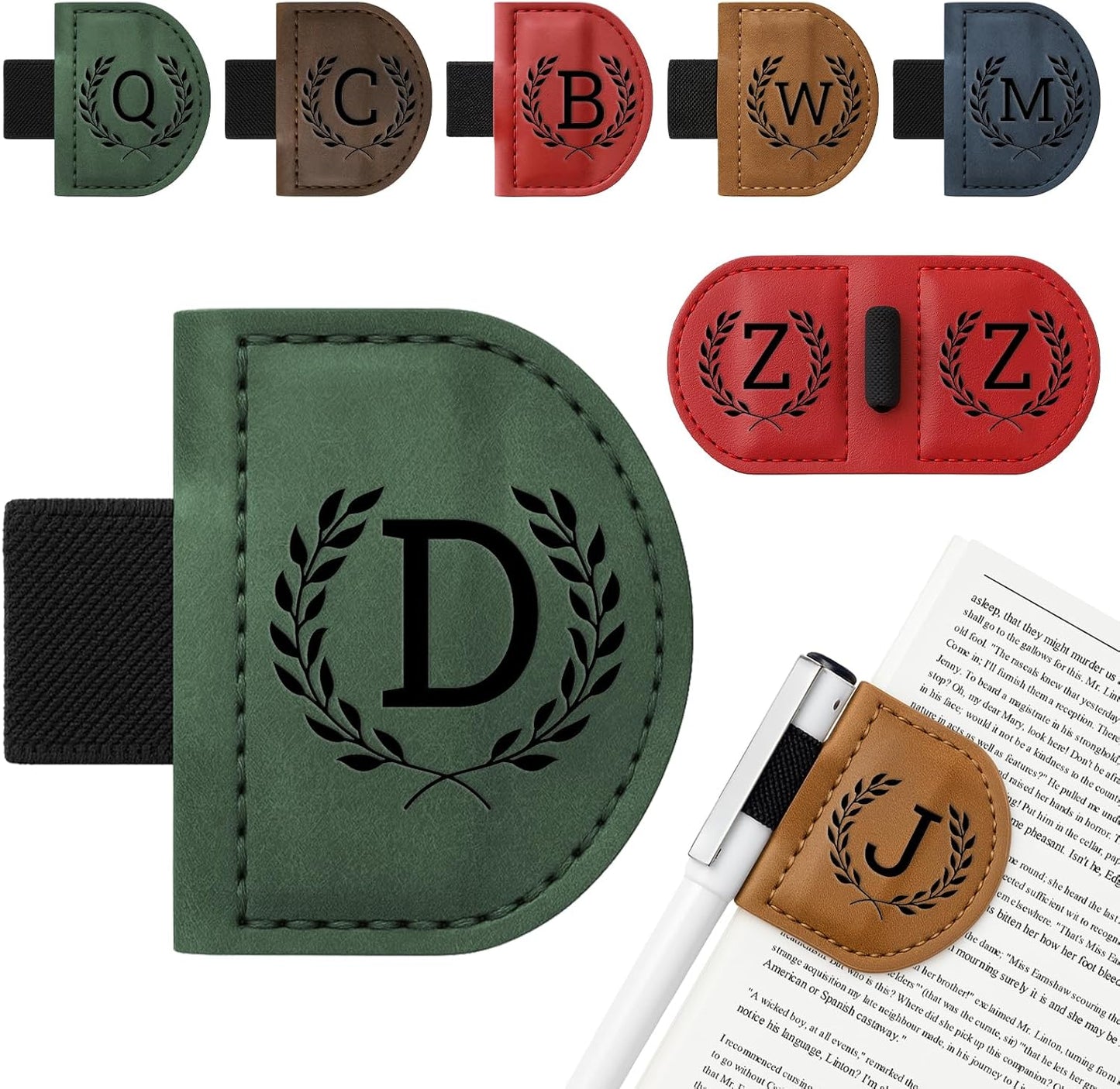 Personalized Bygone Mark Bookmark with Pen Holder,Engraving Leather Magnetic Bookmarks Vintage 26 Letters Name Initials Text Book Marker Clips Gifts for Reading Book Lovers Women (Green, D)